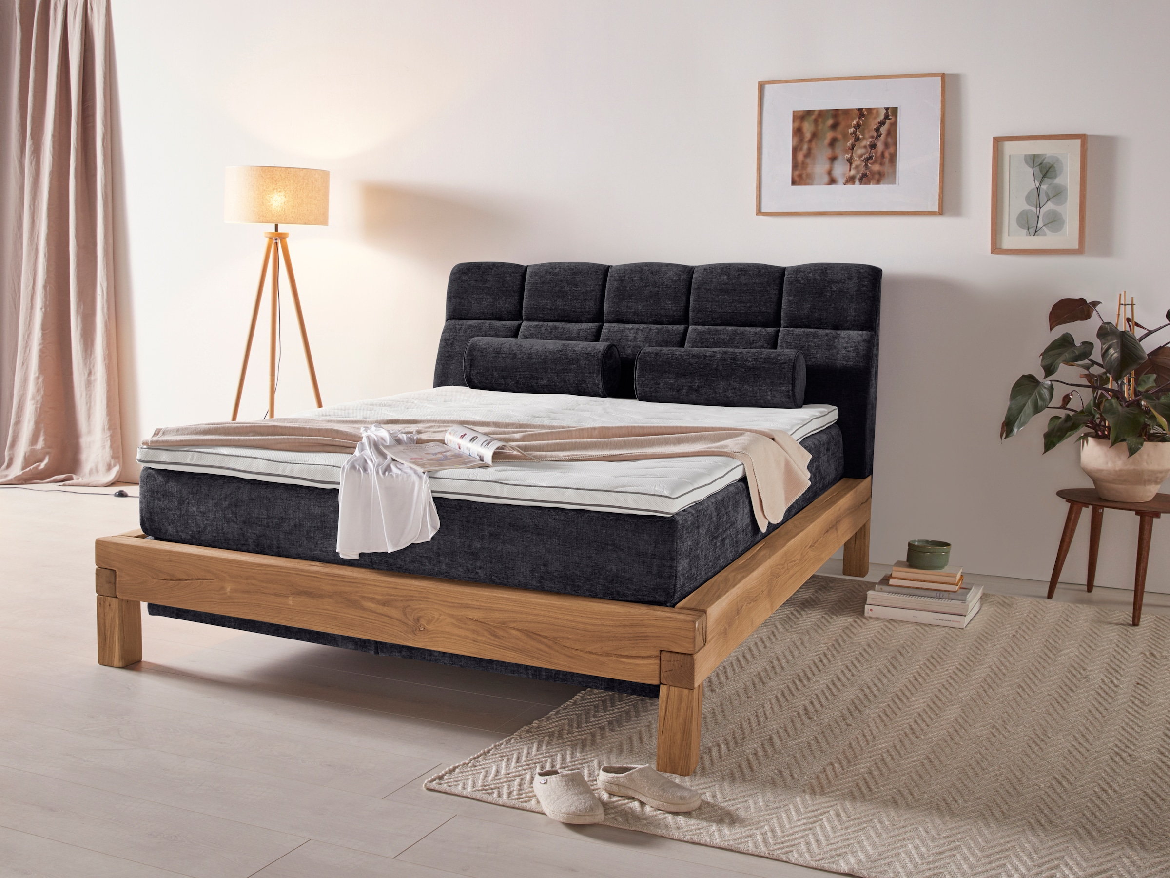 Boxspringbett HOME AFFAIRE "Villads", schwarz (carbone), B:179cm L:231cm, Komplettbetten, Boxspringbett, Liegefläche: 160/200 cm aus Balkeneiche, Inside-Boxspring-Unterbau 10