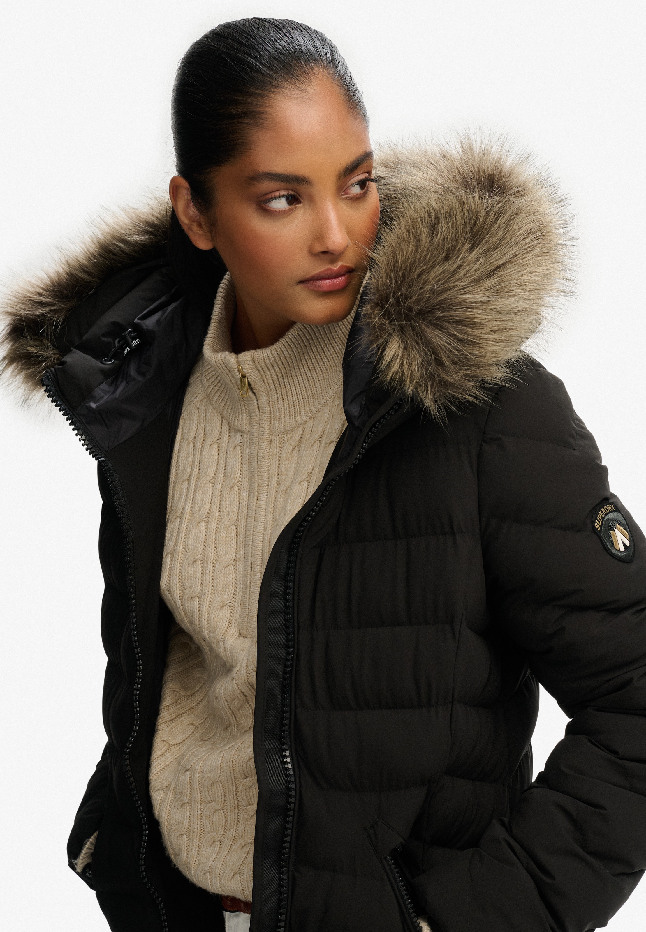 Superdry Steppjacke »FUJI FAUX FUR HOODED LONGLINE«, mit Kapuze