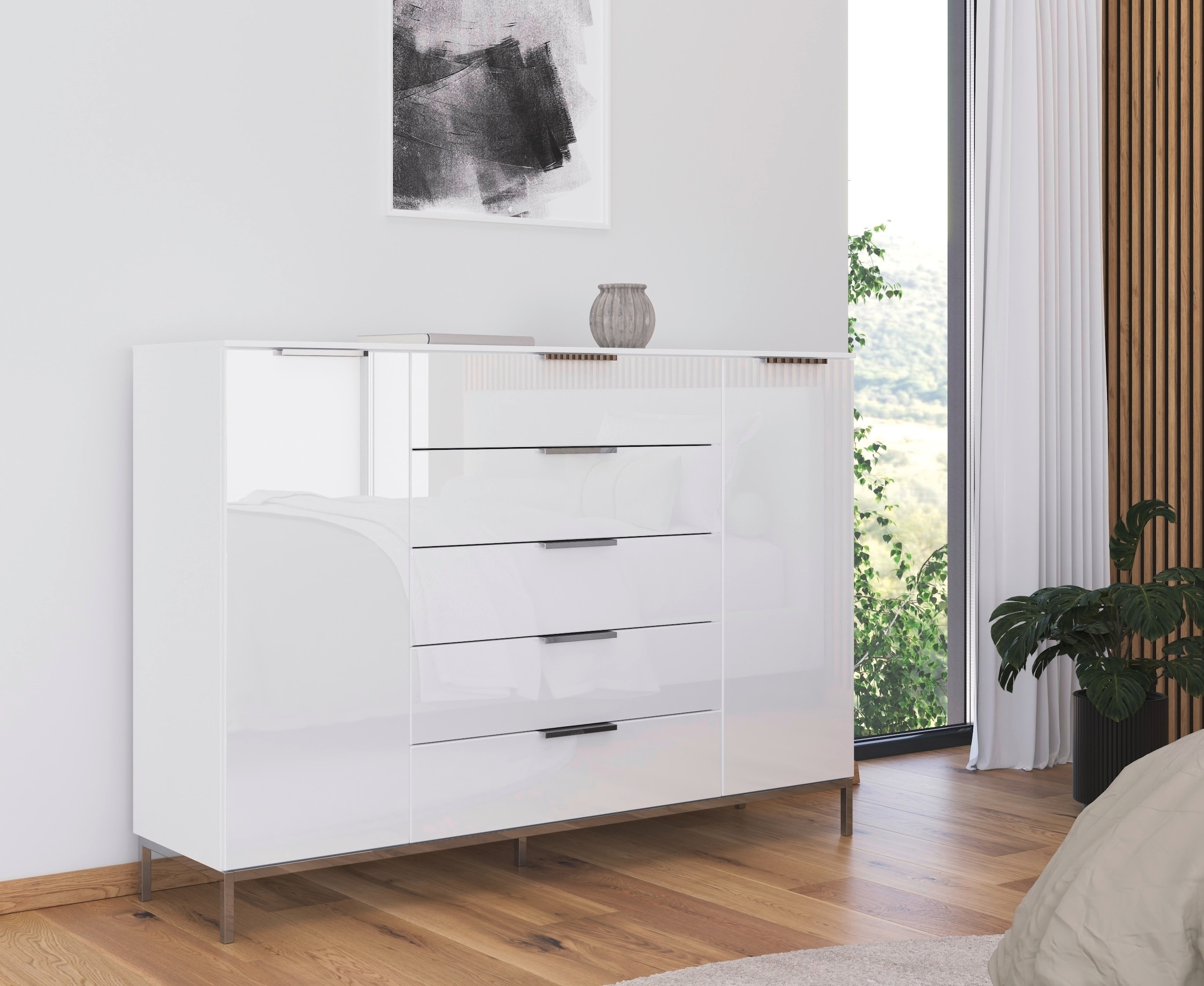 rauch Schubkastenkommode »Kommode Türkommode Sideboard Kombikommode FLIPP mit Glasfront«, (Breite 160/180 cm mit 4 Einlegeböden), 2-trg mit 5 Schubladen und Soft-Close-Funktion, Glasfront, 2 Breiten