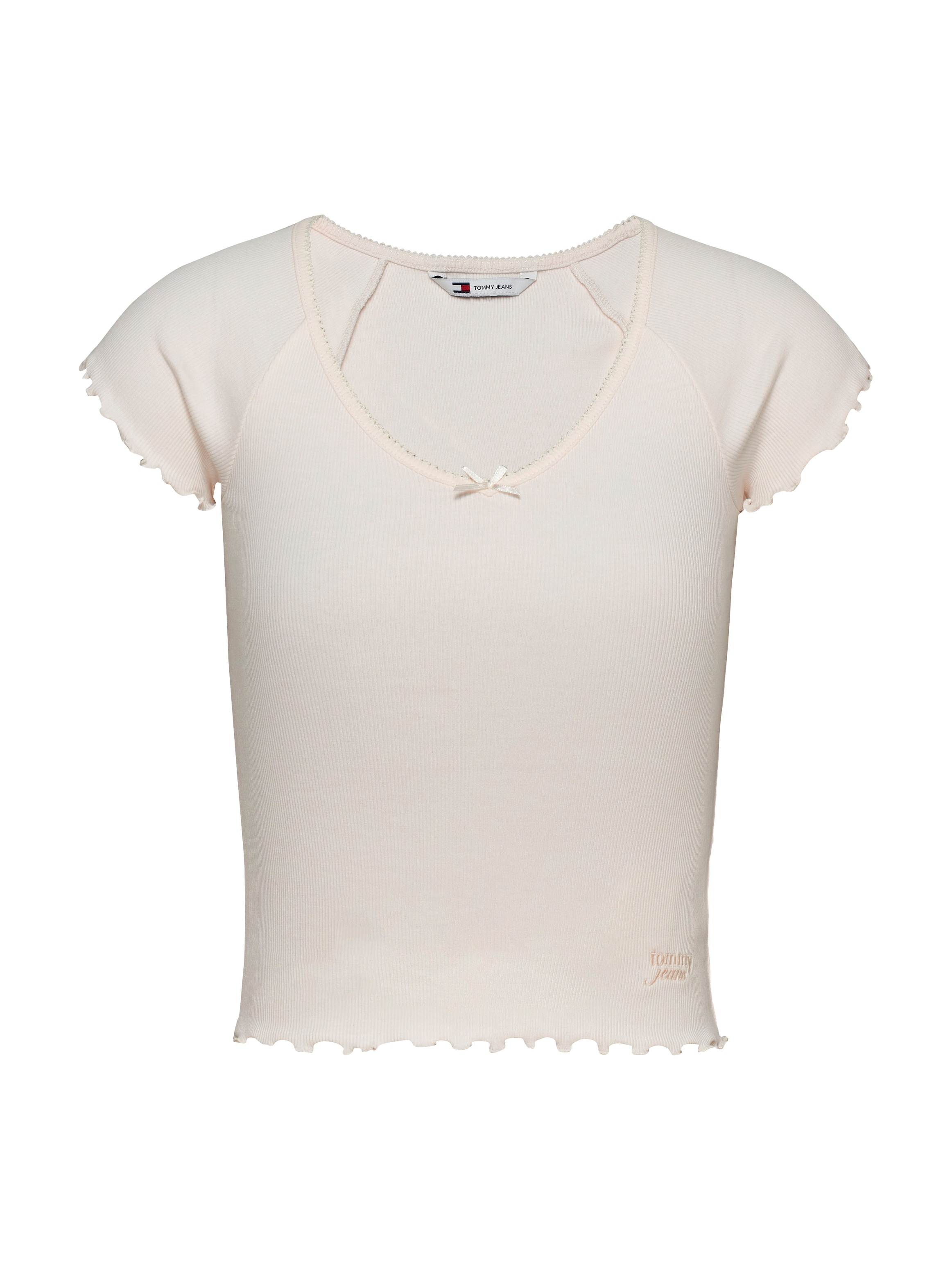 Kurzarmshirt TOMMY JEANS "TJW SLIM VNECK GMD RIB SS", Damen, Gr. XS (34), weiß (ancient weiß), Rippware, Obermaterial: 95% Baumwolle, 5% Elasthan, unifarben, figurbetont kurz, V-Ausschnitt, Raglanärmel Rollkante, Shirts, mit Rollkanten, im femininen Stil 4