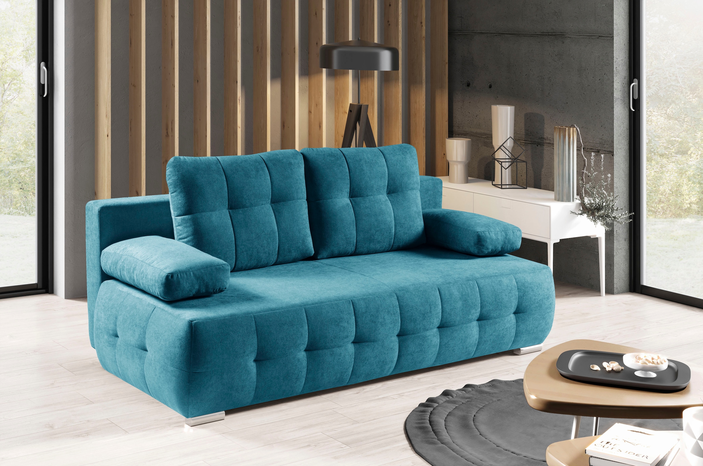 WERK2 Schlafsofa "Indigo 205 cm Bettsofa mit Bettkasten modern und bequem" Luxus-Microfaser weich, Schlaffunktion, Bettkasten
