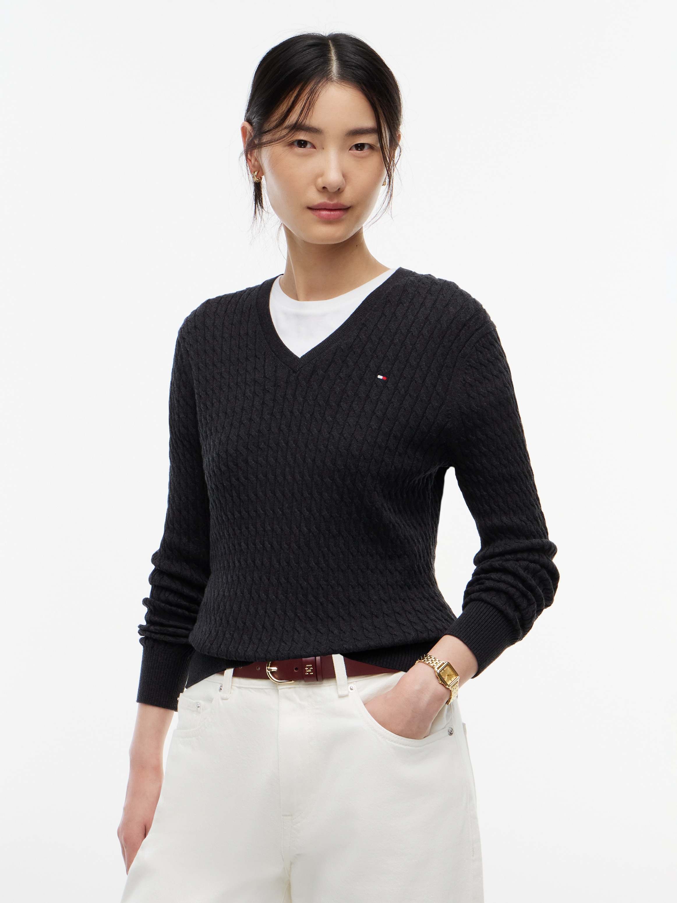 Tommy Hilfiger Strickpullover "CO CABLE FINE GG V-NK LS SWT" Baumwolle, mit Zopfmuster