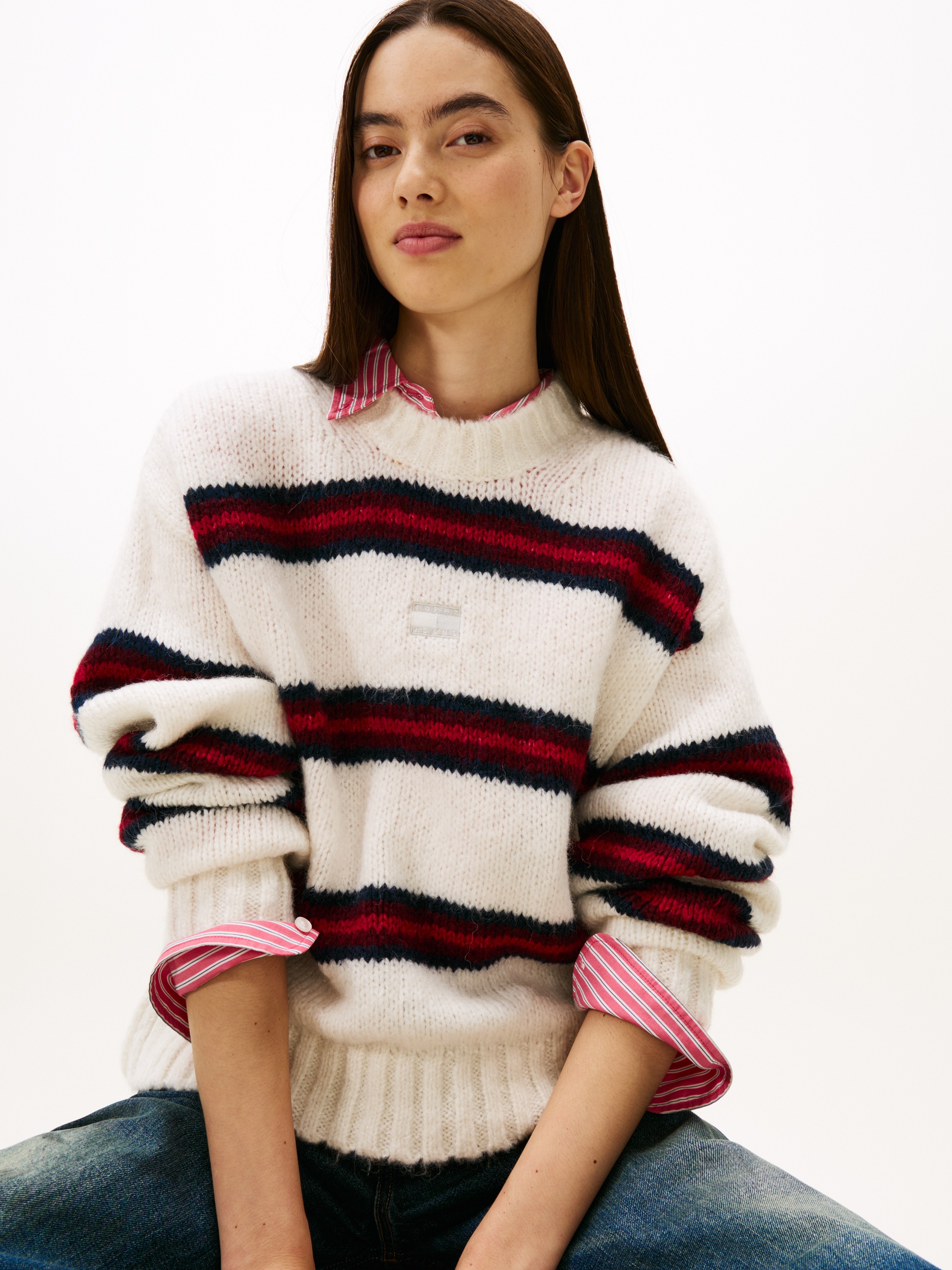 Tommy Jeans Rundhalspullover "TJW BADGE STRIPE FLUFFY SWEATER", mit Alpaka günstig online kaufen