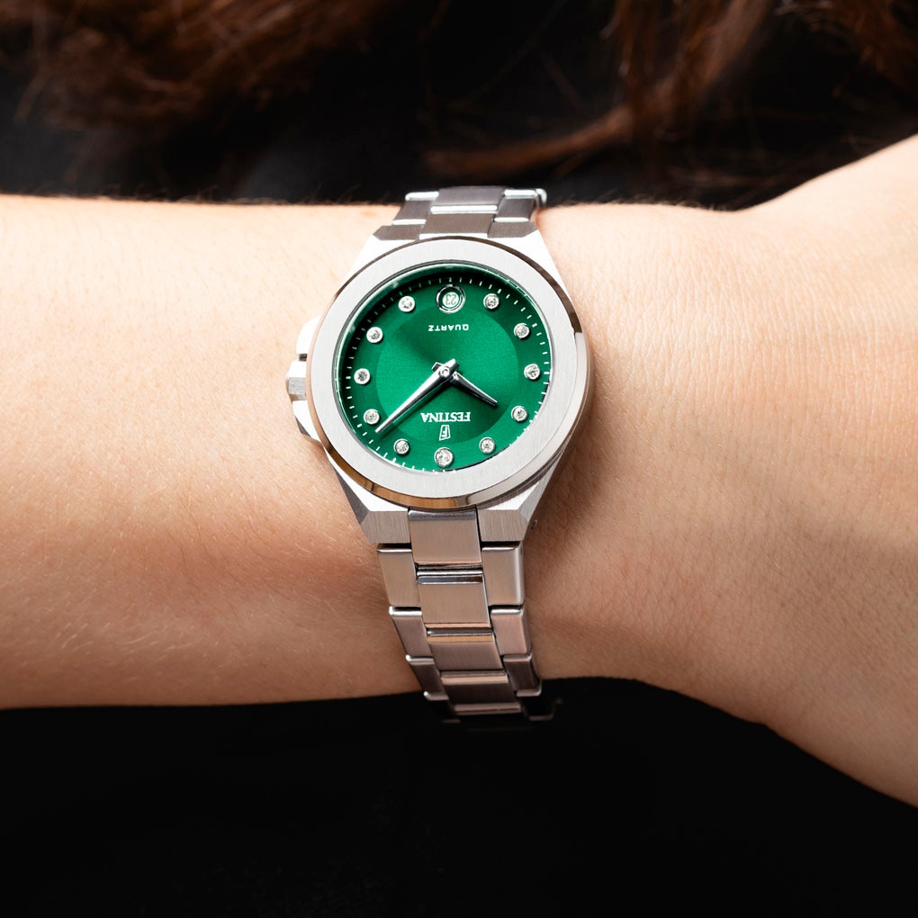 Festina Quarzuhr »Mademoiselle«, Armbanduhr, Damenuhr, Edelstahlarmband, analog, Tag, Zirkonia (synth.)