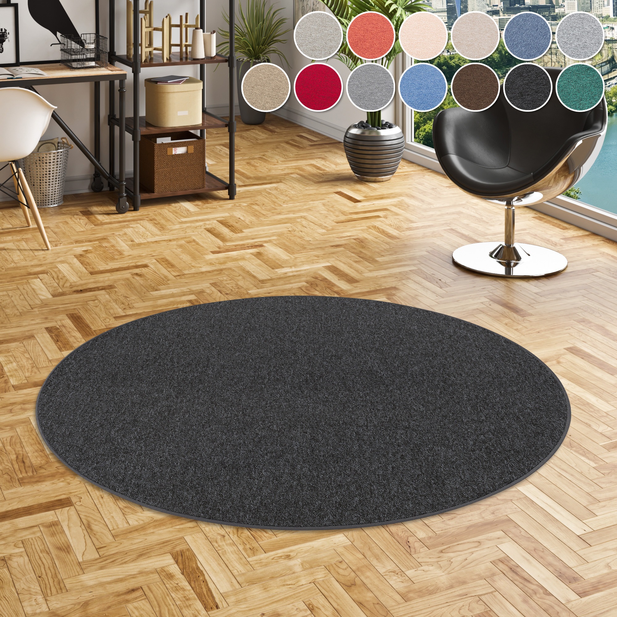 Teppich MY HOME "Fortis, Schlinge, Made in Netherlands", schwarz (schwarz grau), H:5mm Ø:100cm, Kunstfaser, Teppiche, Teppich, Uni Farben, gekettelt, strapazierfähig, Wohnzimmer