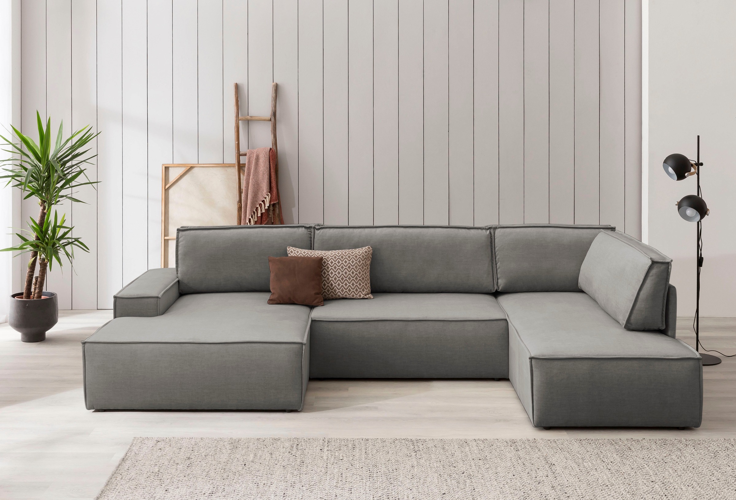 Home affaire Wohnlandschaft »SHERWOOD 329 cm, U-Form, Schlafsofa,«, Schlaffunktion m. Bettkasten (194x139 cm), Cord, Vintage, Samtvelours