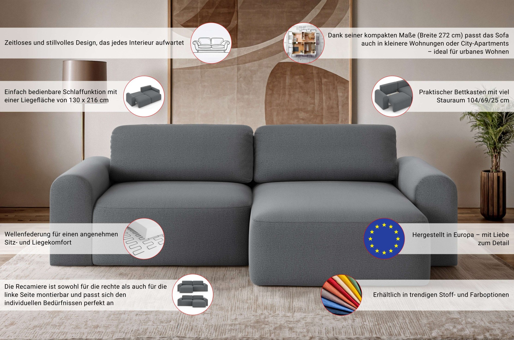 OTTO home Ecksofa »LEOO universell Schlafsofa mit Bettkasten, Maße B/T/H: 272/152/84,5 cm«, L-Form mit Recamiere rechts oder links montierbar, hoher Sitzkomfort