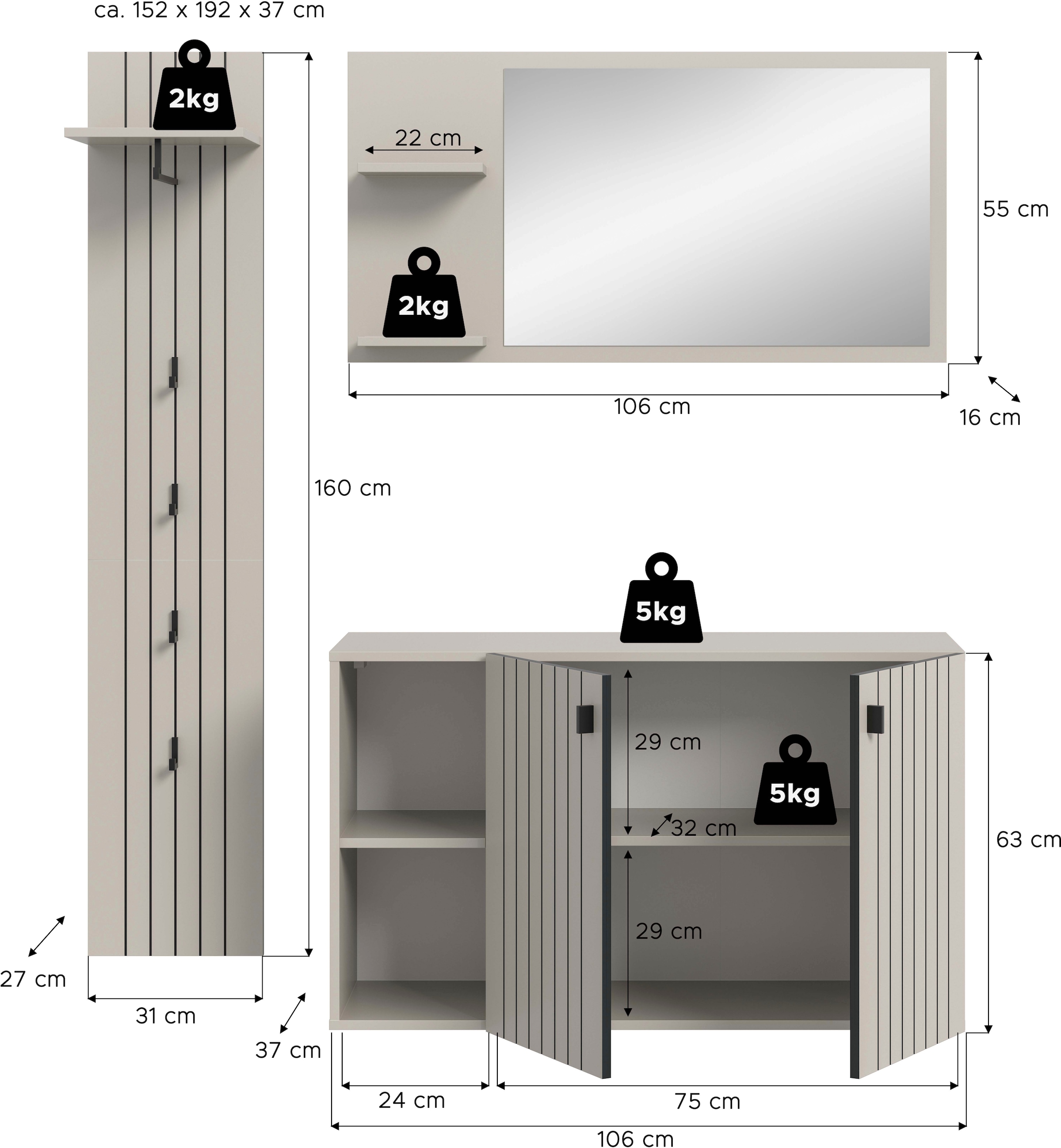 INOSIGN Garderoben-Set »TATIO, 3-tlg. Garderobenkombination, Breite: 152 cm Rillenfräsung« Set, Set, best. aus: 1 Spiegel, 1 Garderobenpaneel, 1 Schuhkommode, 3 Stk. tlg.