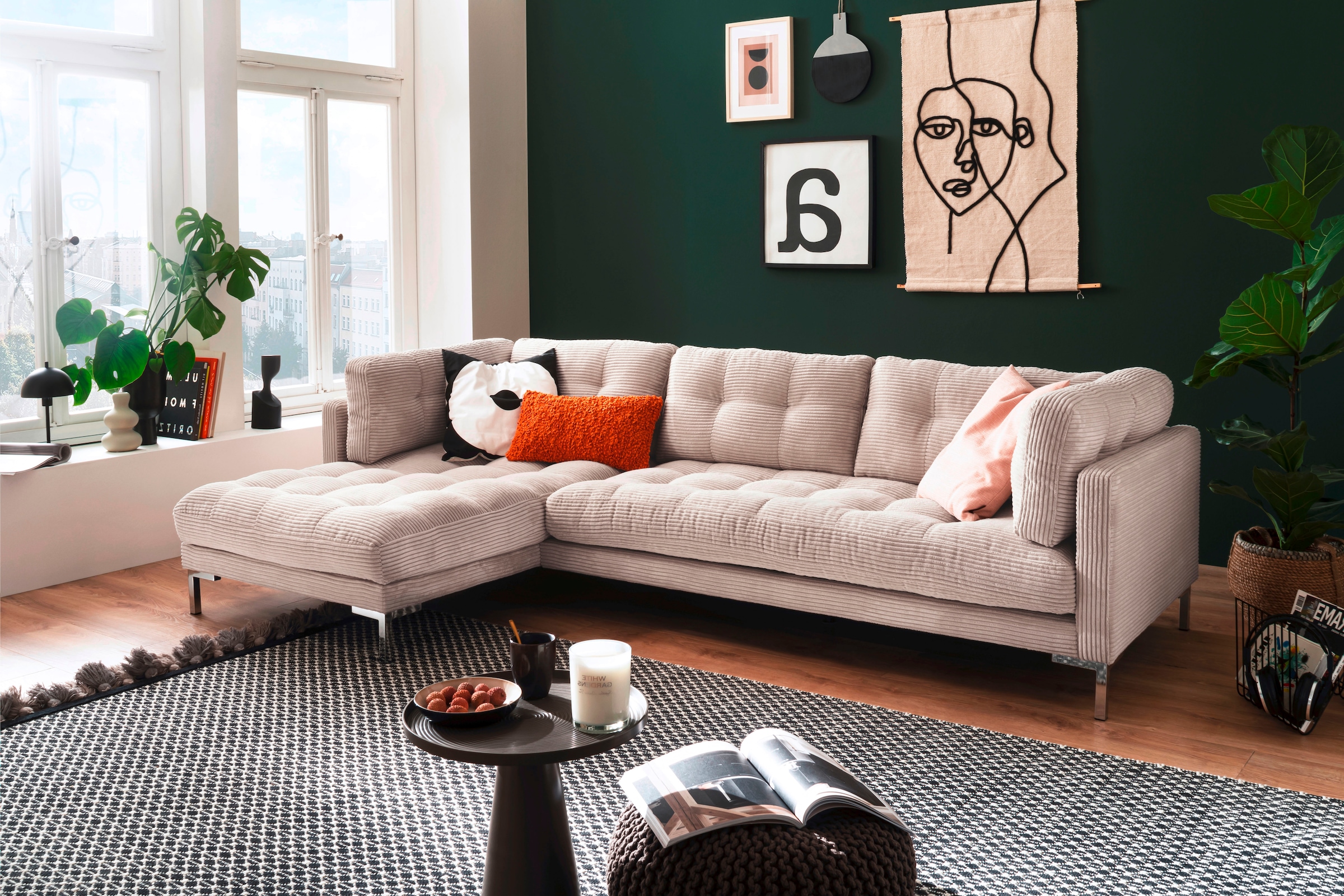 Trends by HG Ecksofa »Landau L-Form«, in Cord-Stoff mit Metallfuß