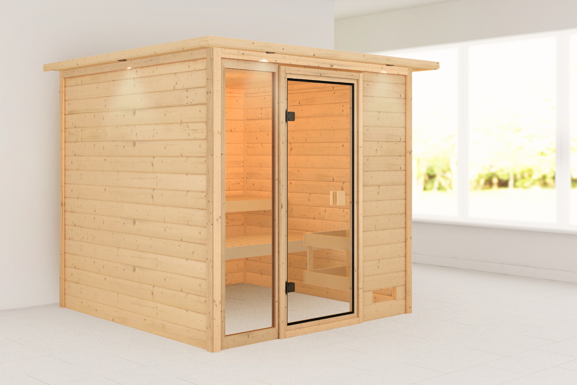 Karibu Sauna ""Jackie" mit bronzierter Tür und Kranz, naturbelassen" aus hochwertiger nordischer Fichte