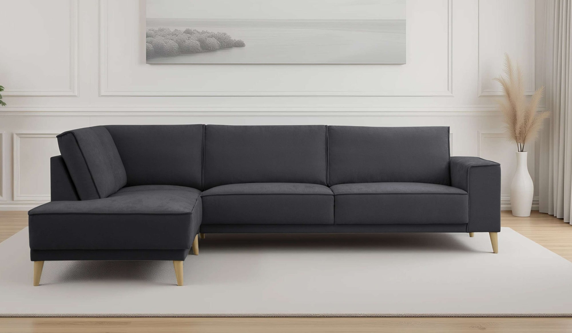 OTTO home Ecksofa "Oland Skandi, weicher Chenille-Stoff" L-Form, 289 cm, Wellenunterfederung, Skandi-Design, Massivholzfüße