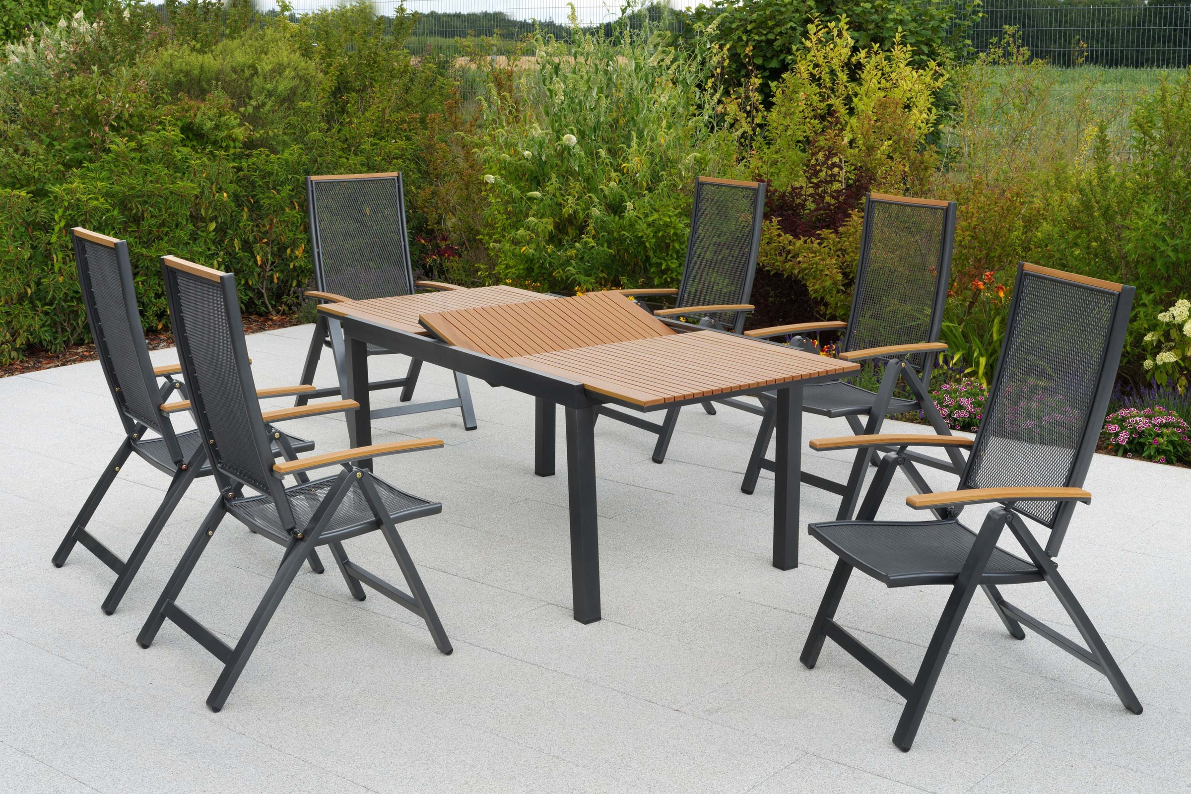 MERXX Garten-Essgruppe »Itanos« Set, 7 tlg. inkl. 6 Klappsessel, 1 Ausziehtisch