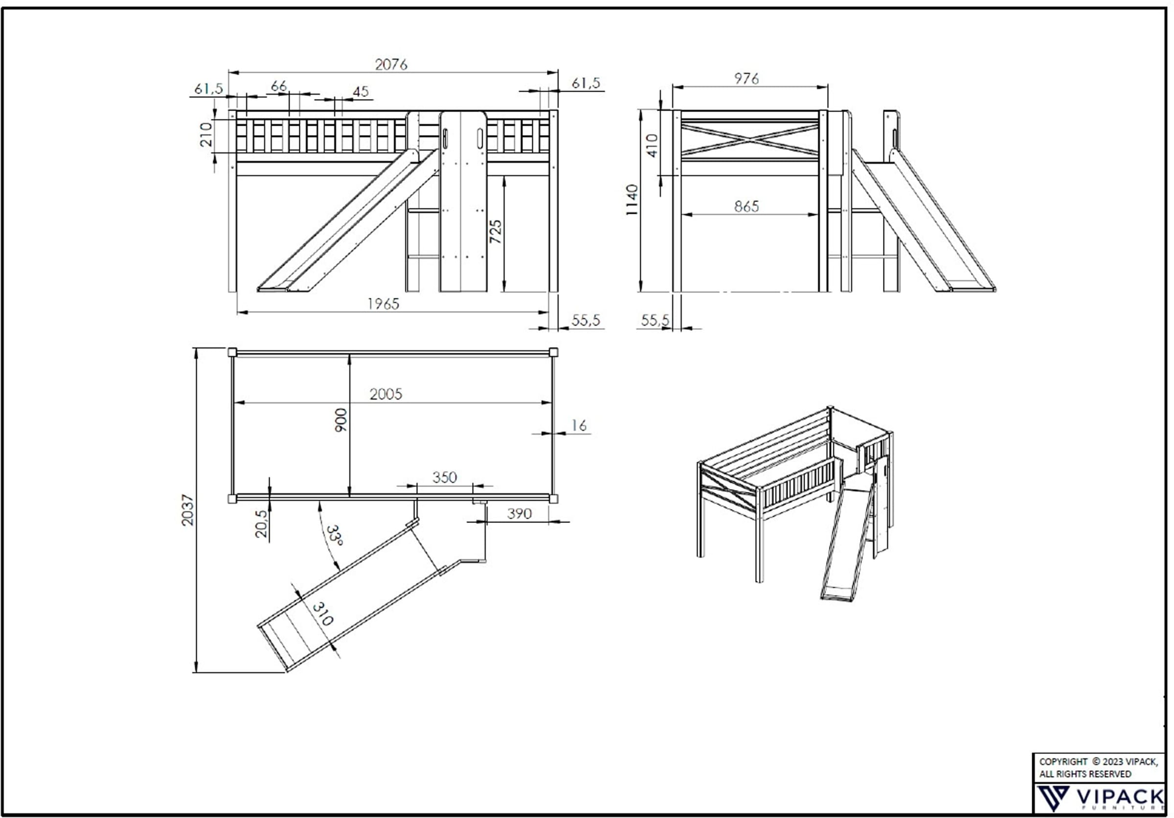 Vipack Hochbett »Scott«, (Made in Europe), mit schräger Leiter, LF 90x200 cm, Vorhang, Tunnel, 4 Designs