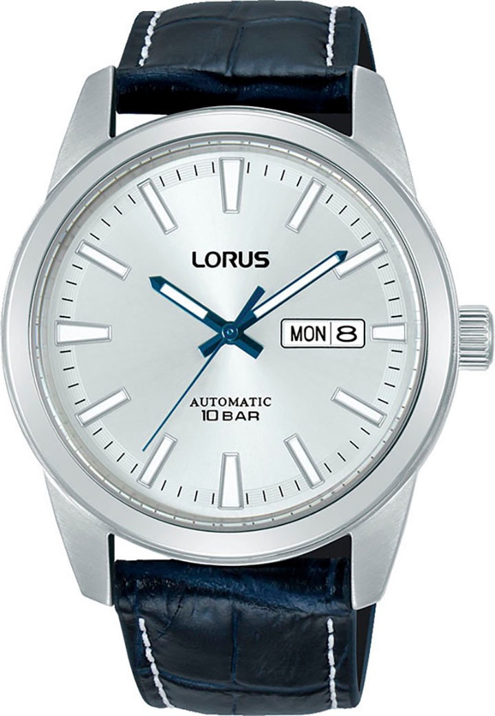 LORUS Herren Automatikuhr, blau, Armbanduhren, Armbanduhr, Herrenuhr, Mechanische Uhr, Lederarmband, analog, Tag