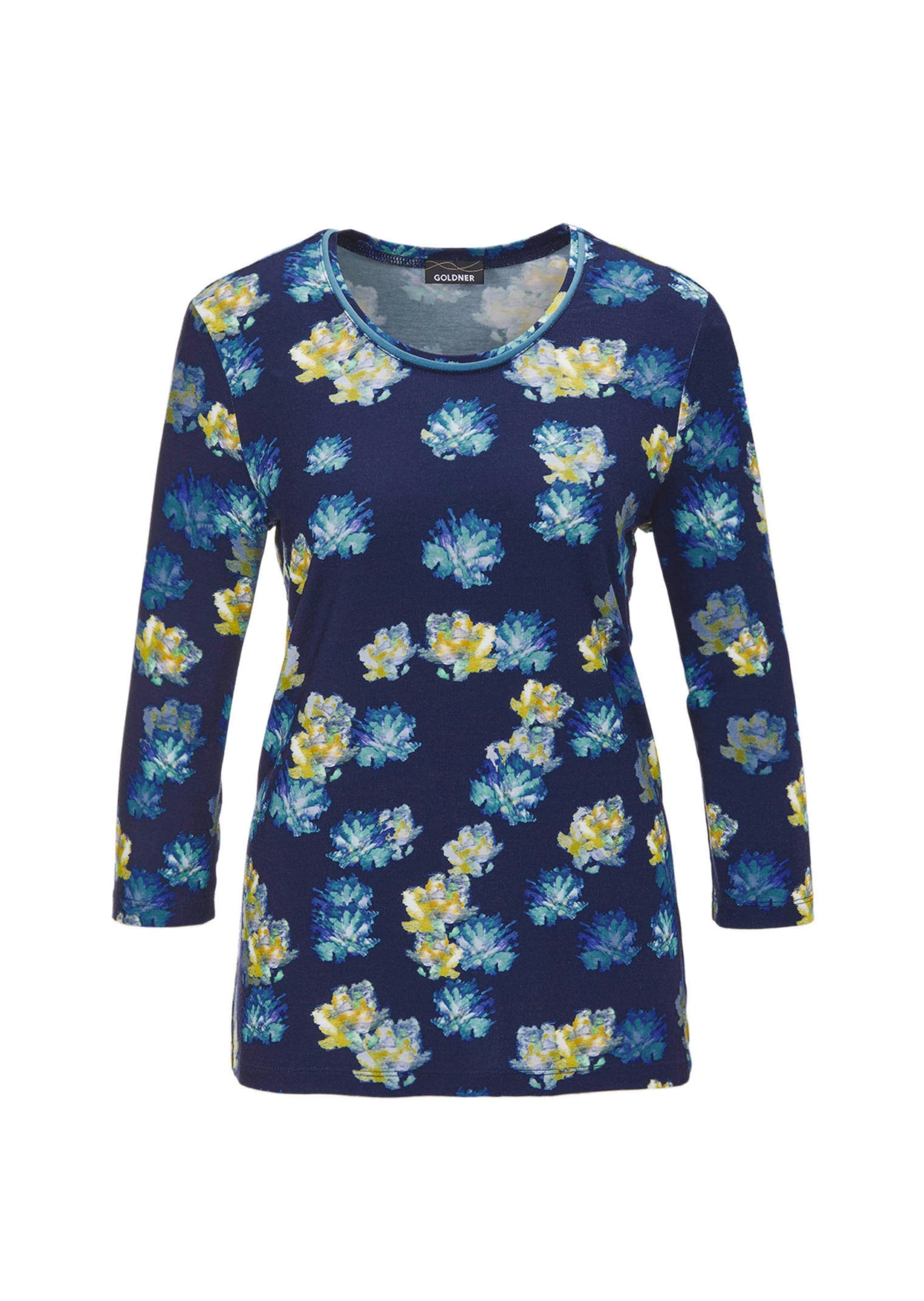 GOLDNER Print-Shirt "Kurzgröße Druckshirt mit Allover-Muster" Kontrastpaspel am Ausschnitt