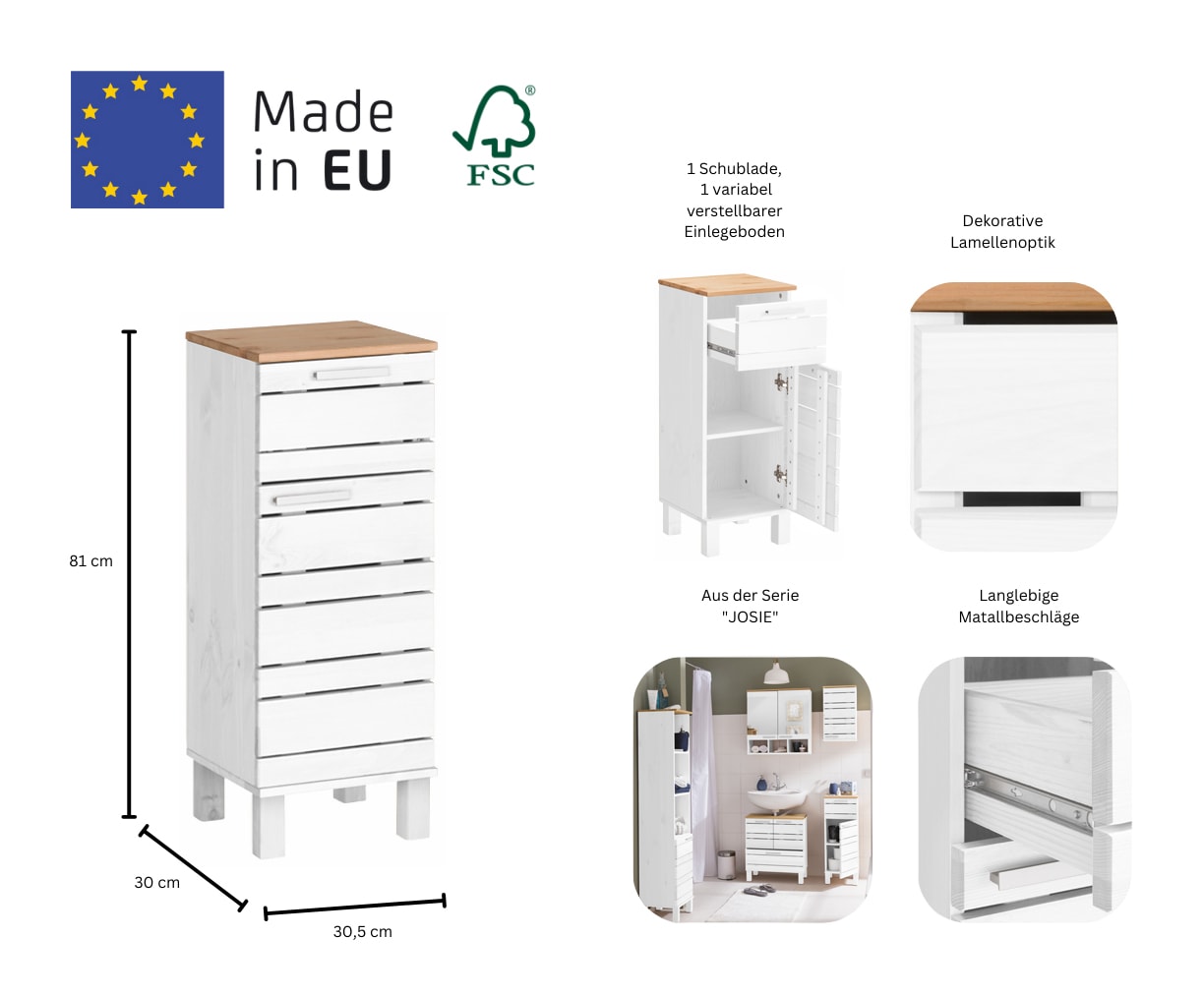 Home affaire Unterschrank »JOSIE«, Breite 30,5 cm, aus Massivholz, verstellbarer Einlegeboden