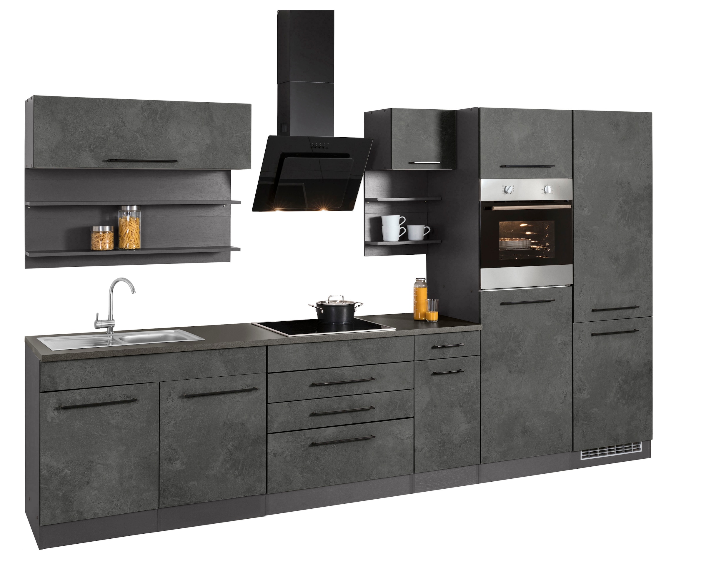 KOCHSTATION Küchenzeile »KS-Tulsa«, mit E-Geräten, Breite 350 cm, schwarze Metallgriffe, MDF Fronten