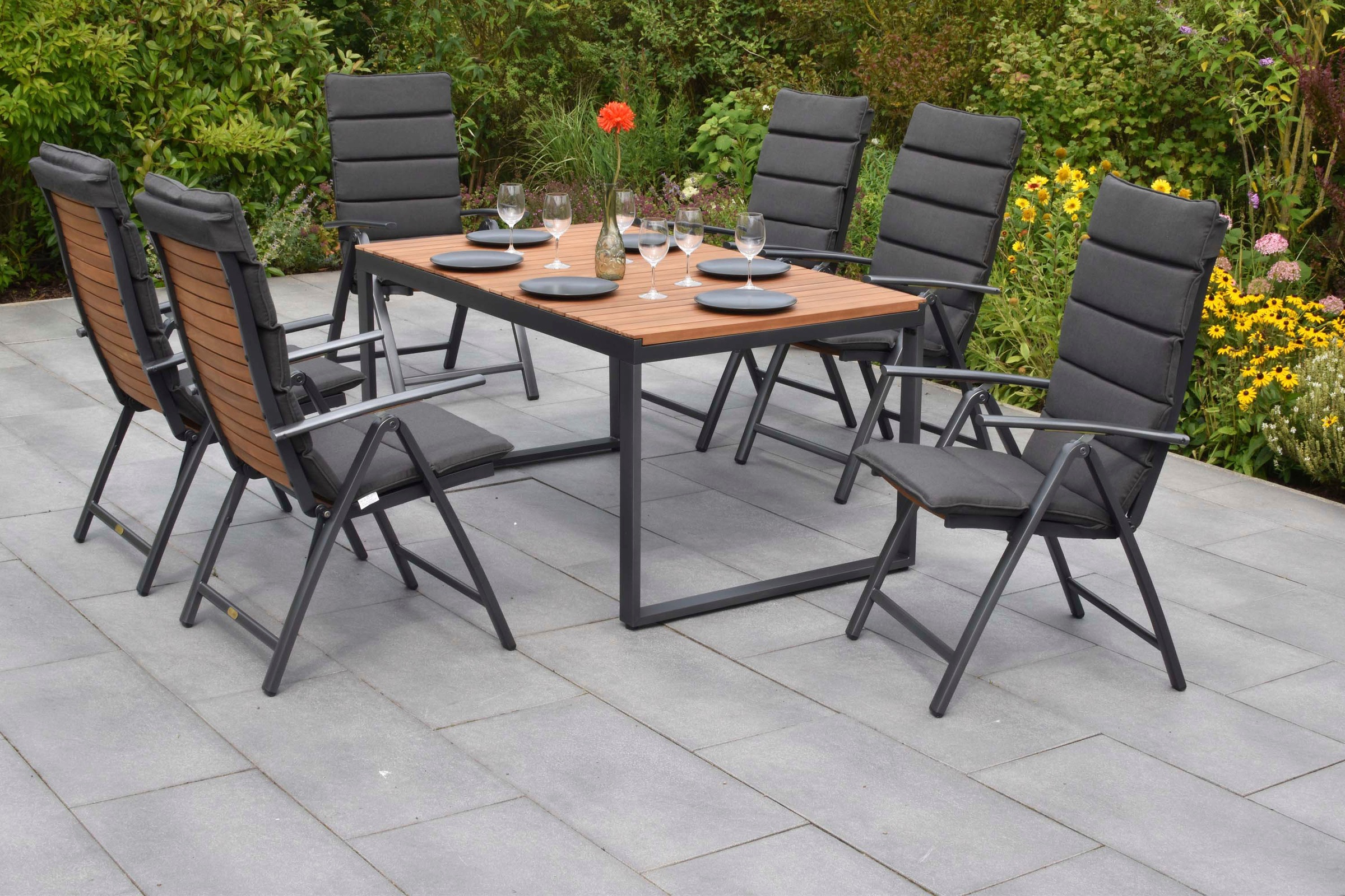 MERXX Garten-Essgruppe »Santorin« Set, 13 tlg. inkl. 6 Klappsessel, 6 Auflagen, 1 Ausziehtisch
