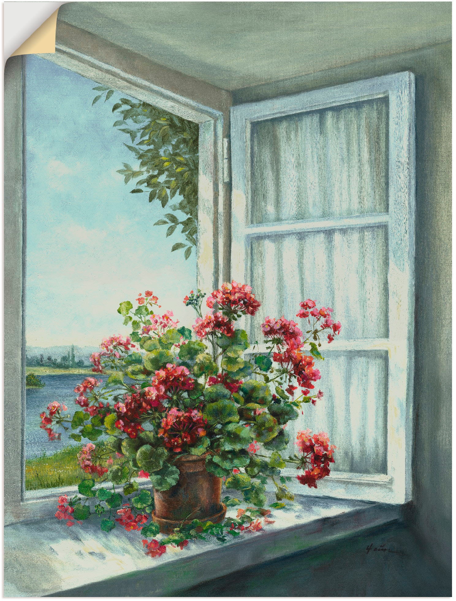 Fenster«, (1 in St.), Alubild, als Poster Artland Größen »Geranien | versch. Wandbild bestellen Wandaufkleber Leinwandbild, am oder Blumen, BAUR