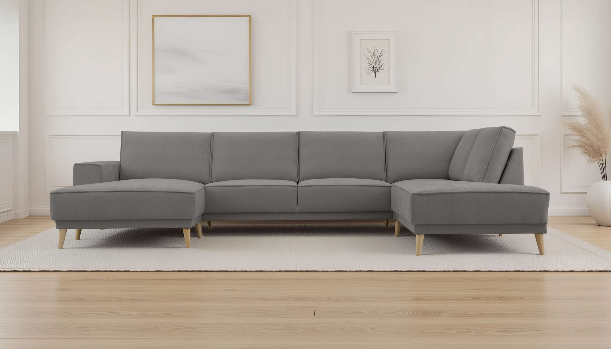 OTTO home Wohnlandschaft "Oland Skandi, weicher Chenille-Stoff" U-Form, 345 cm, Wellenunterfederung, Skandi-Design, Massivholzfüße