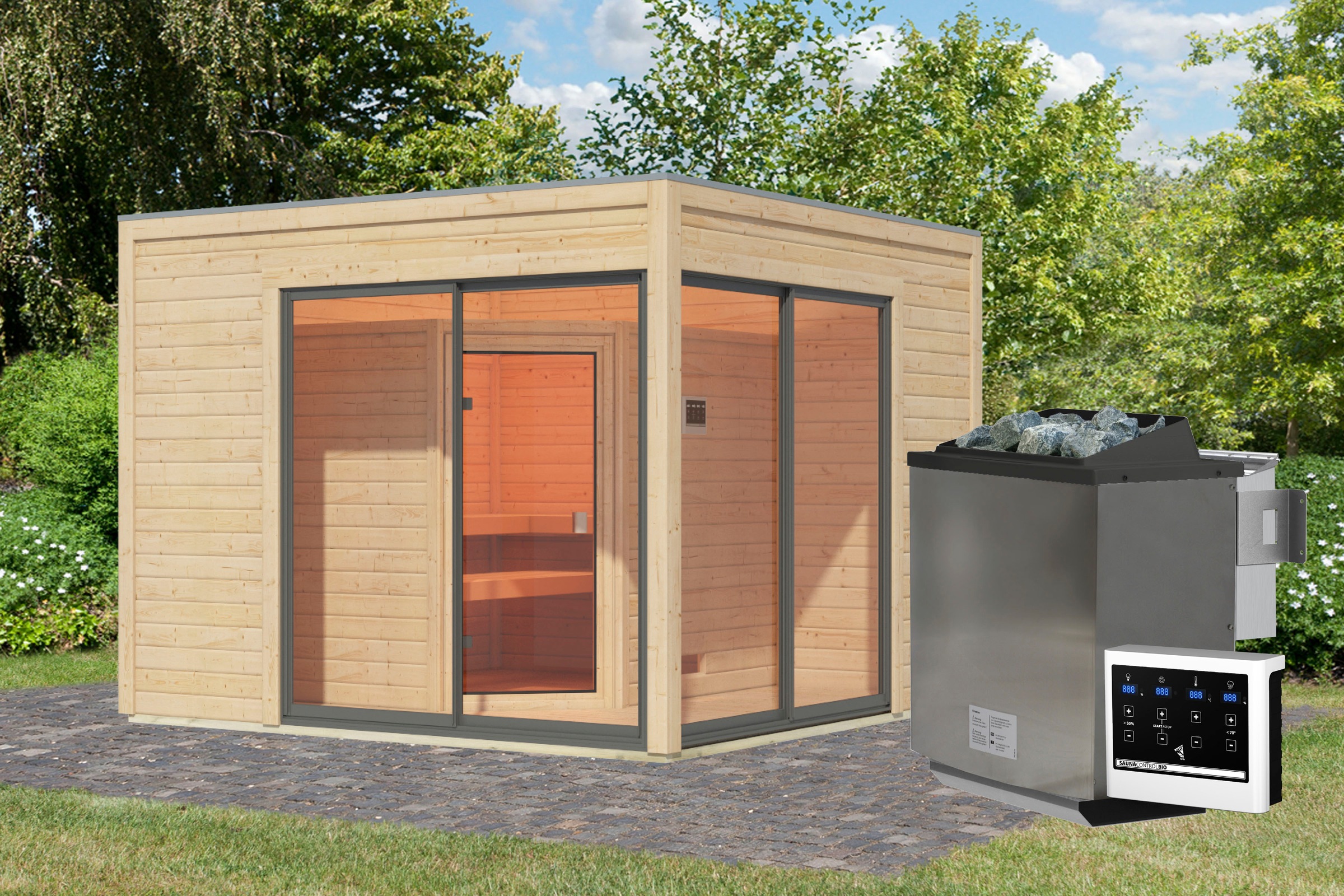 Karibu Saunahaus »Tammo 3B«, Ofen 9 kW Bio ext. Strg.