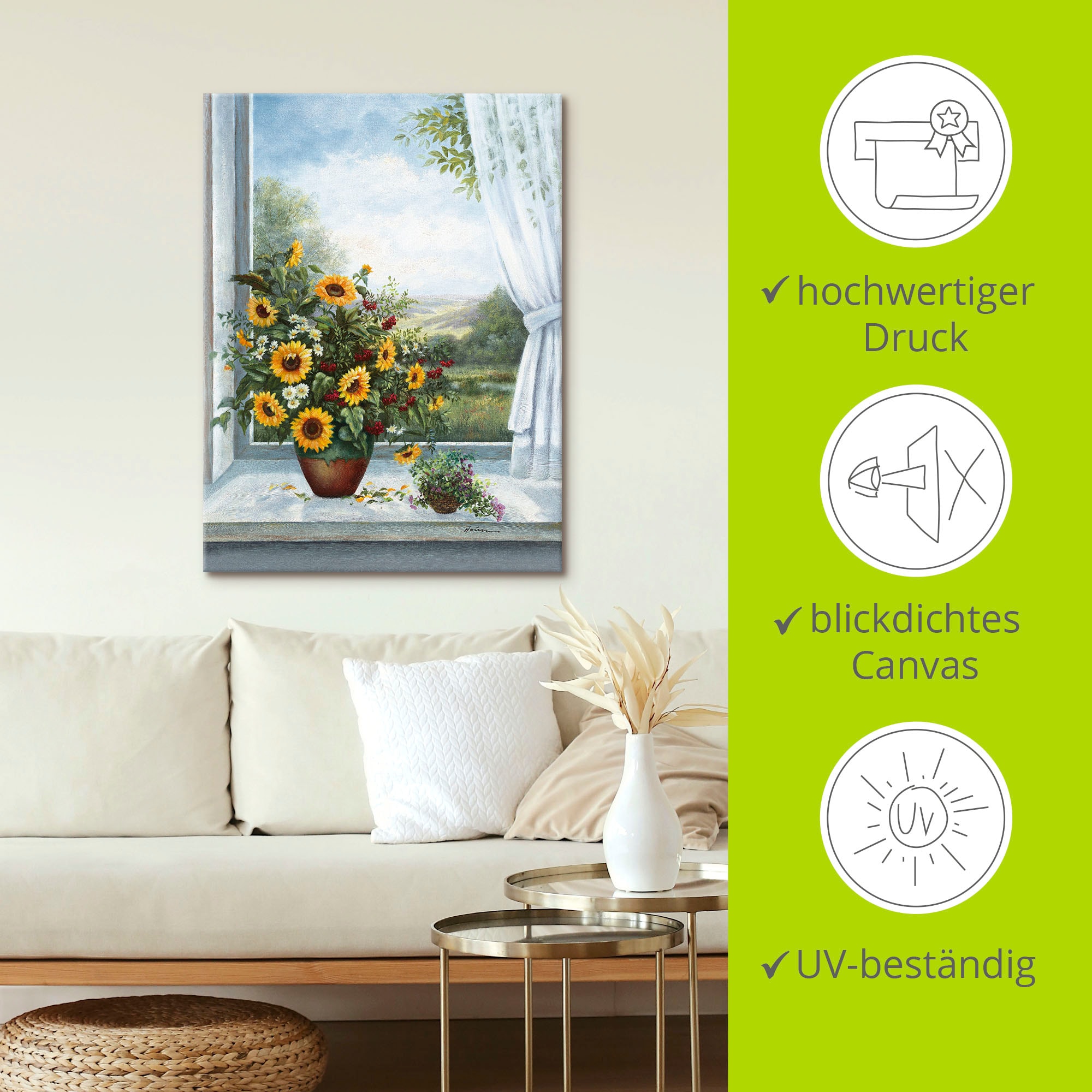 Artland Wandbild »Sonnenblumen am Fenster«, Arrangements, (1 St.), als Leinwandbild, Poster, Wandaufkleber in verschied. Größen