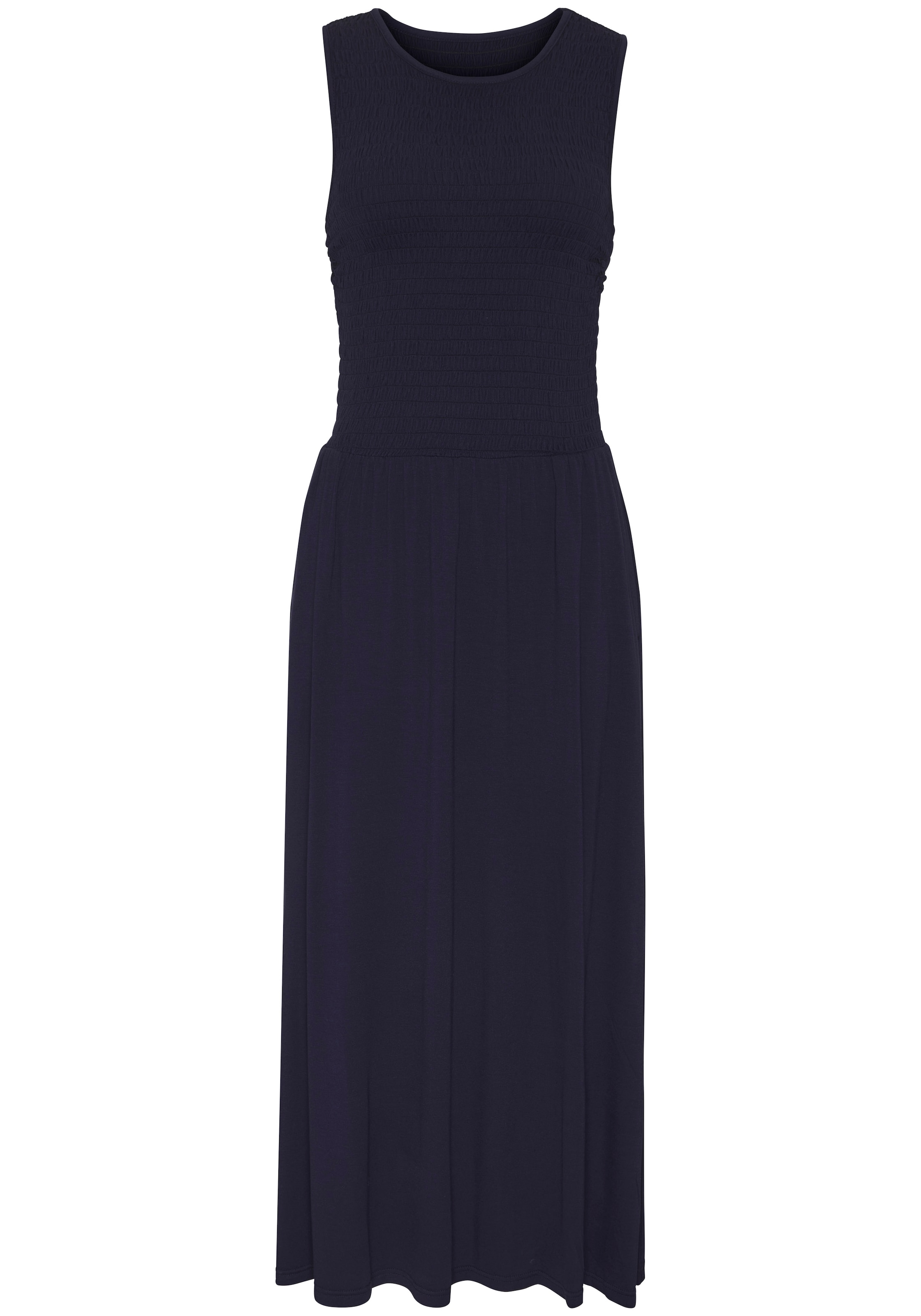 LASCANA Midikleid »mit gesmoktem Oberteil« Seitennahttaschen Leichtes Sommerkleid, Strandkleid, Viskosekleid