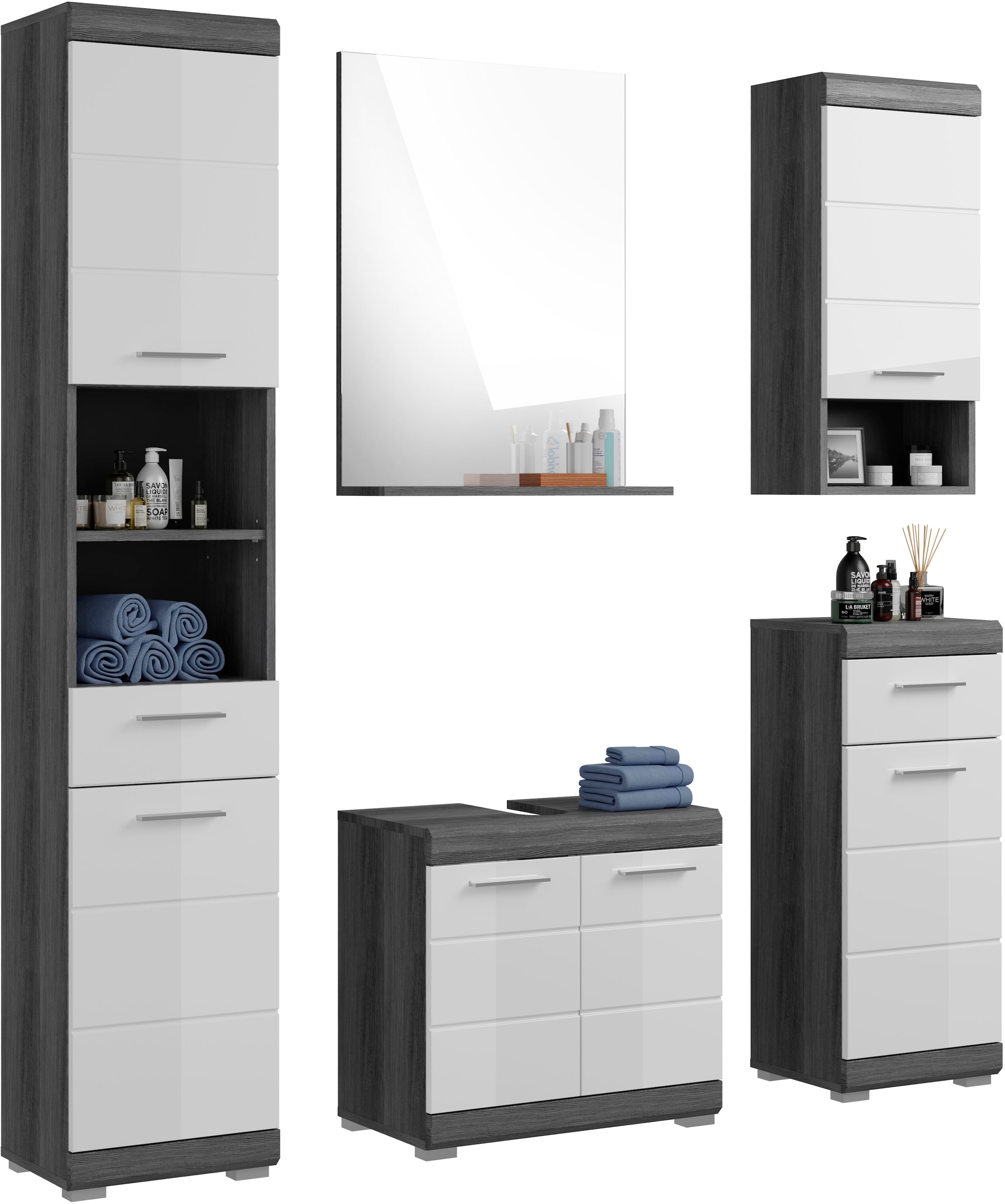 INOSIGN Badmöbel-Set »Siena, 5 teilig, bestehend aus:«, (Set, 5 St.), Hochschrank, WBU, Spiegel, Unterschrank, Hängeschrank