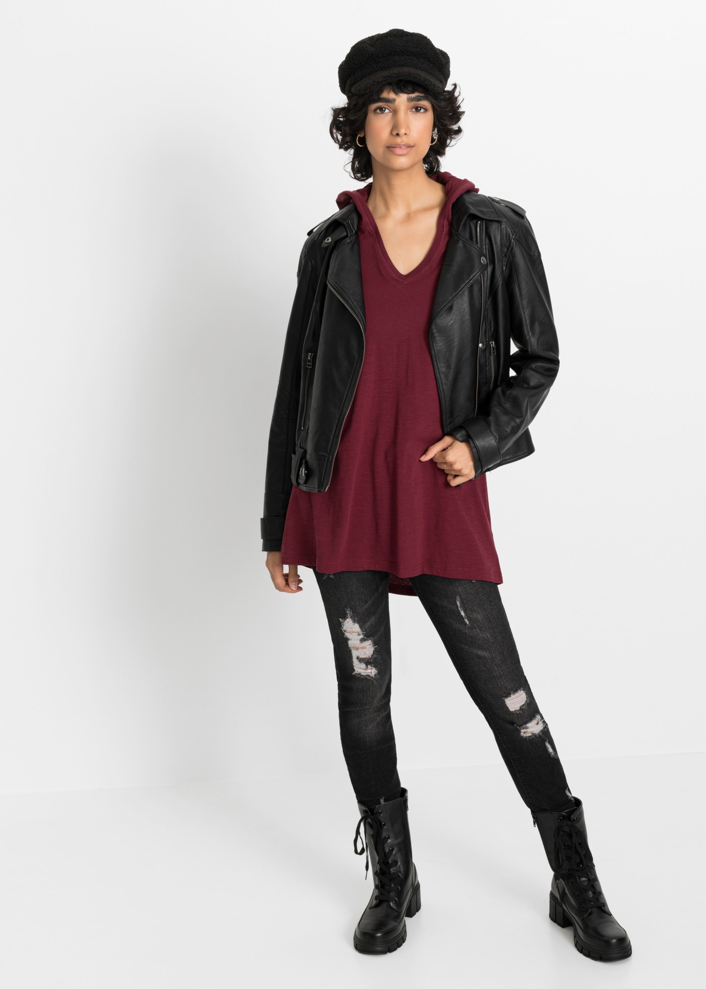bonprix Longshirt mit Kapuze, A-Linien-Passform, aus Baumwolle