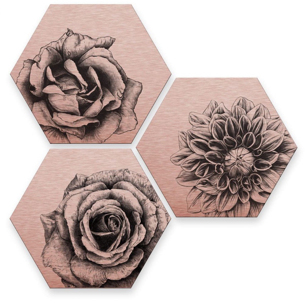 Wall-Art Mehrteilige Bilder "Florales Blumen Set Kupfer", Q, (Set, 3 St.), Metallschild Collage