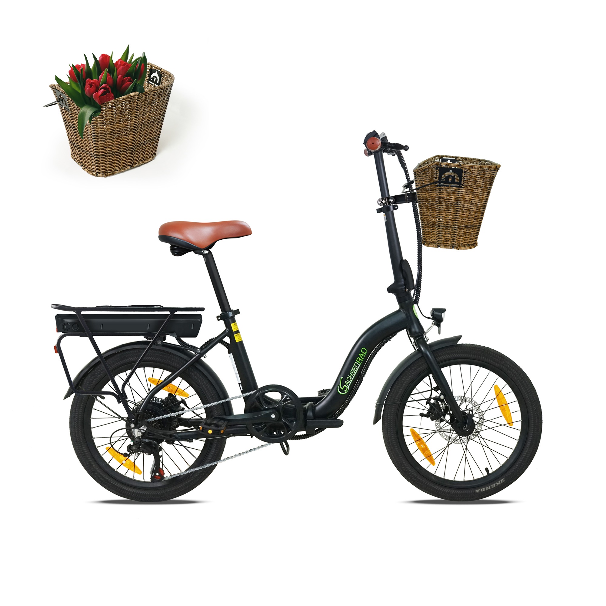 SachsenRad "Faltrad F2 Farmers mit Korb und Alarmanlage" 7 Gang Shimano Kettenschaltung Heckmotor 250 W