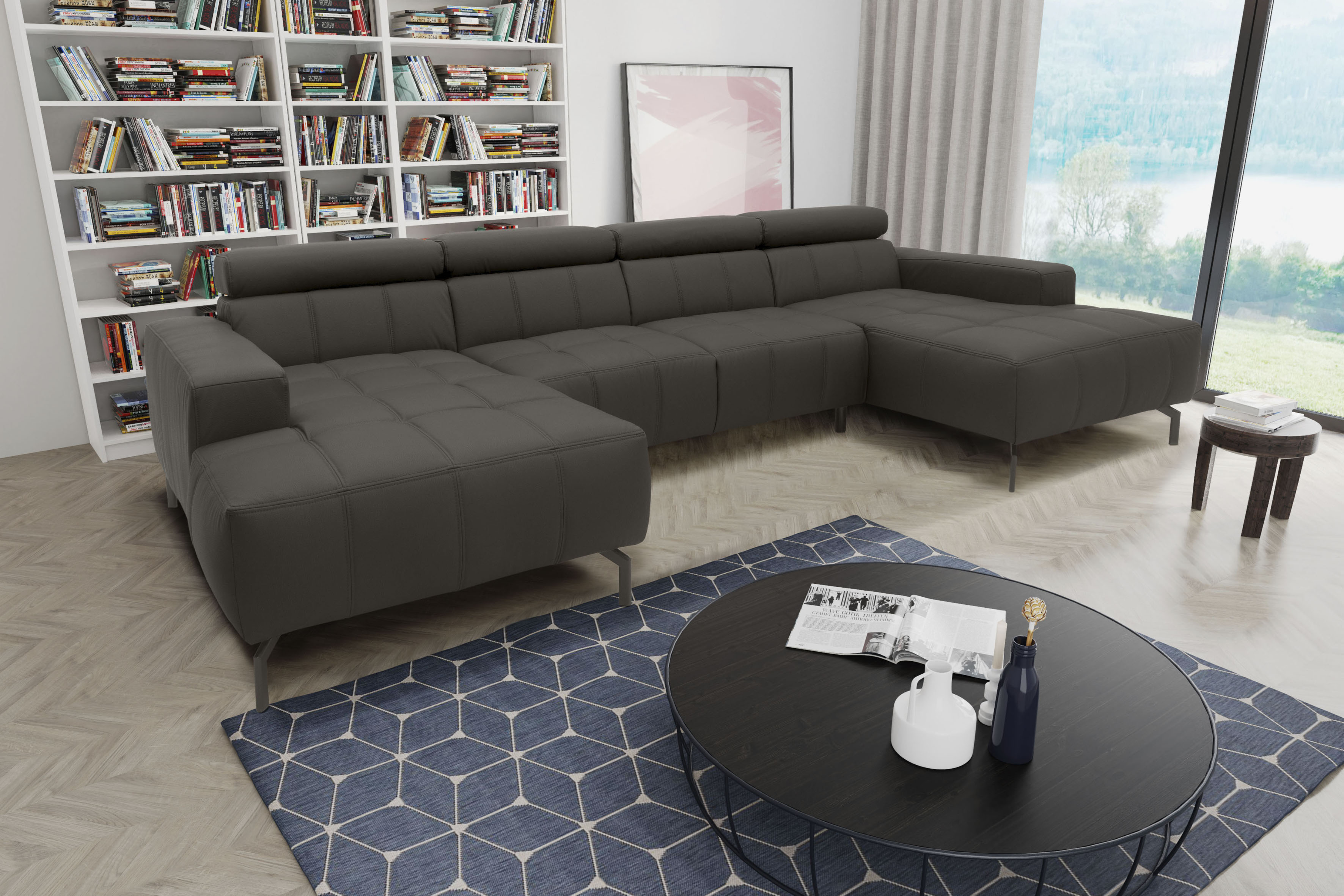 DOMO collection Wohnlandschaft "Cunelli tolle Sitznähte als Designelement, fester Sitzkomfort, U-Form" whlw. verstellbare Kopfteile, passend für gängige Saugroboter