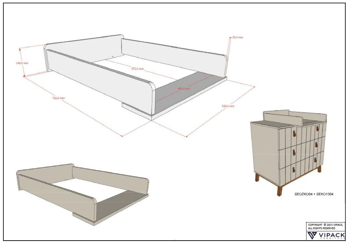 Vipack Wickelkommode »Sezane mit Front in Rillen-Optik, Griffschlaufen und Wickelaufsatz« bis 11 kg MDF Clay farben lackiert, braune Griffschlaufe, Sockel nussbaumfarbig 98,5 cm