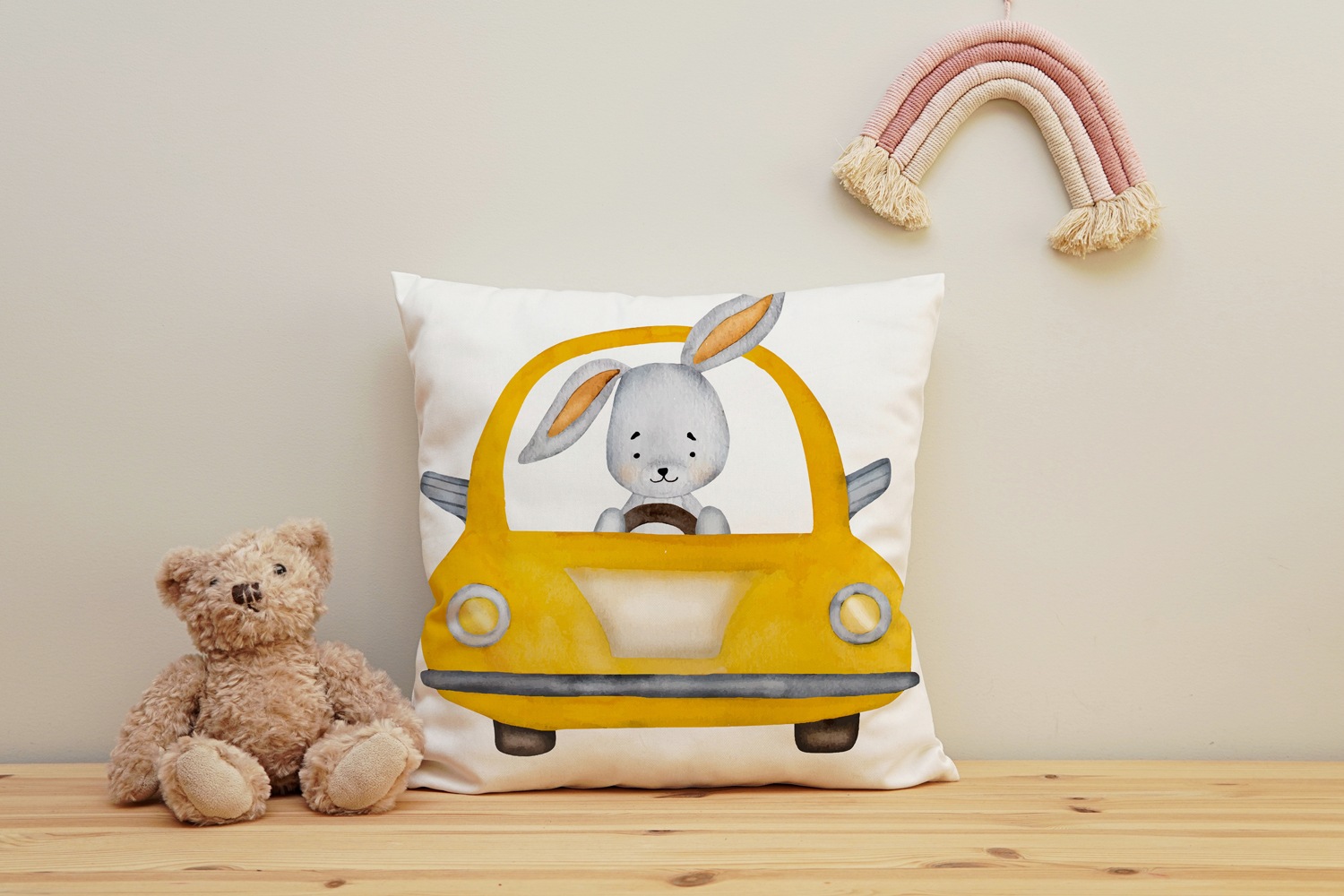 queence Dekokissen »Hase im Taxi«, Kissenhülle mit HD Premium Druck, geruchsneutral, 40x40cm