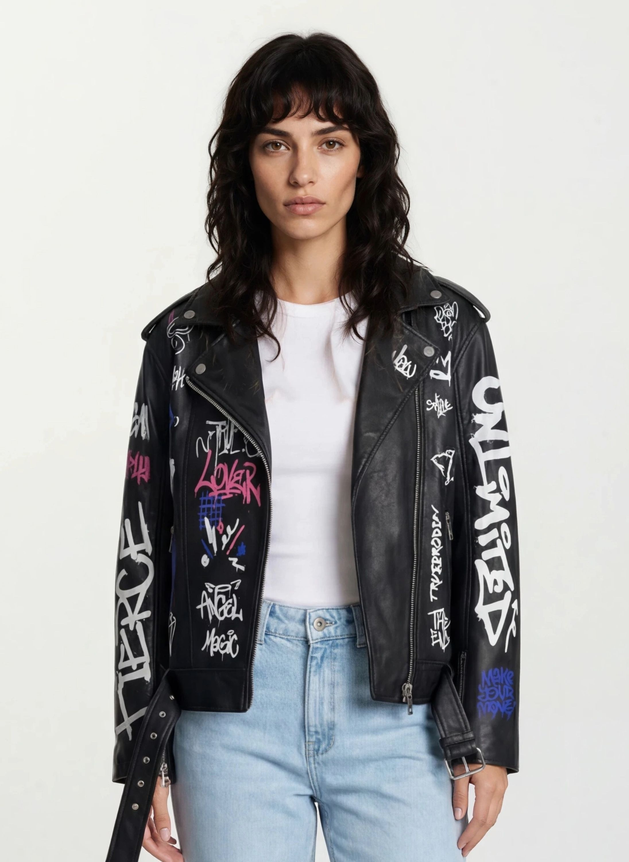trueprodigy Lederjacke "Anya Graffitiprint und schräger Reißverschluss" ohne Kapuze