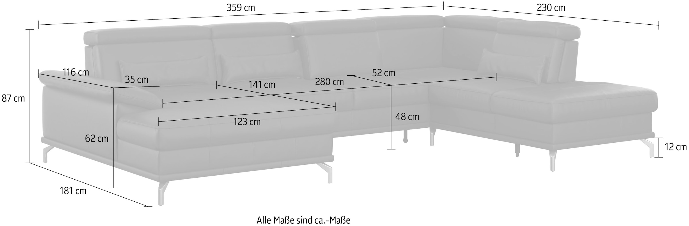 sit&more Wohnlandschaft »Cabrio U-Form«, Sitztiefenverstellung und Federkern, jeweils inklusive 3 Nierenkissen