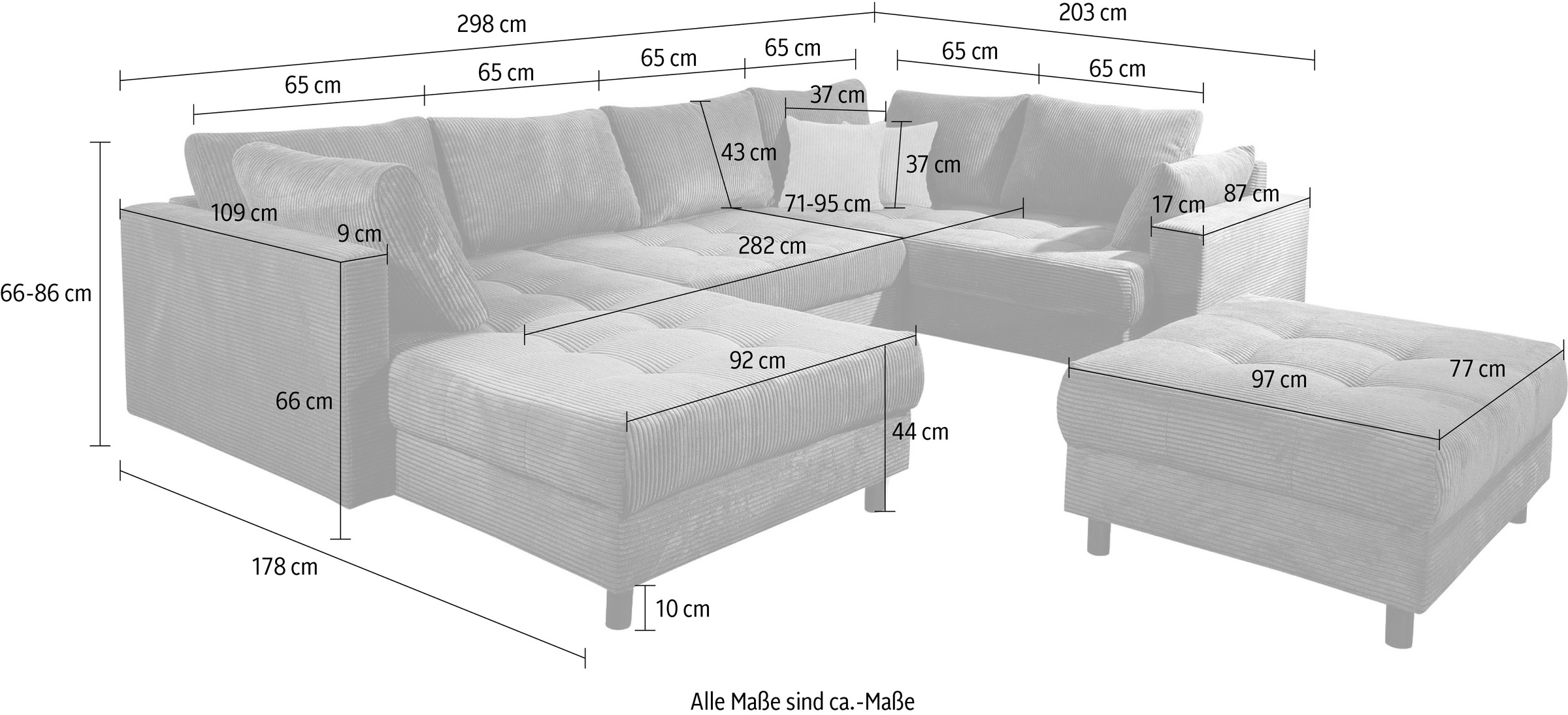 Home affaire Wohnlandschaft »Toni U-Form mit Armlehne«, inkl. Hocker und Zierkissen in abgesetzter Farbe, mit Bonnelfederkern