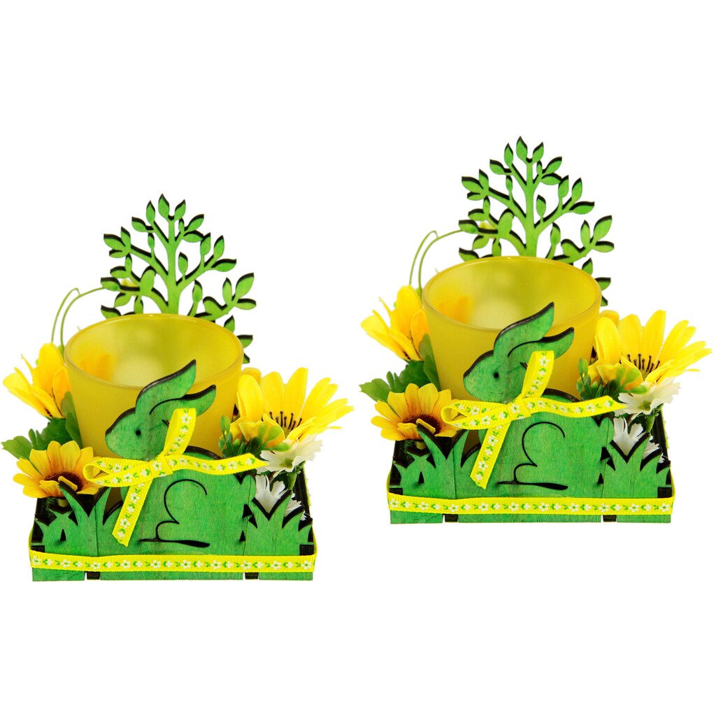 I.GE.A. Teelichthalter »Hase«, 2er Set Windlicht Osterhase Glas Holz Kerzenleuchter Frühlingskranz 3D