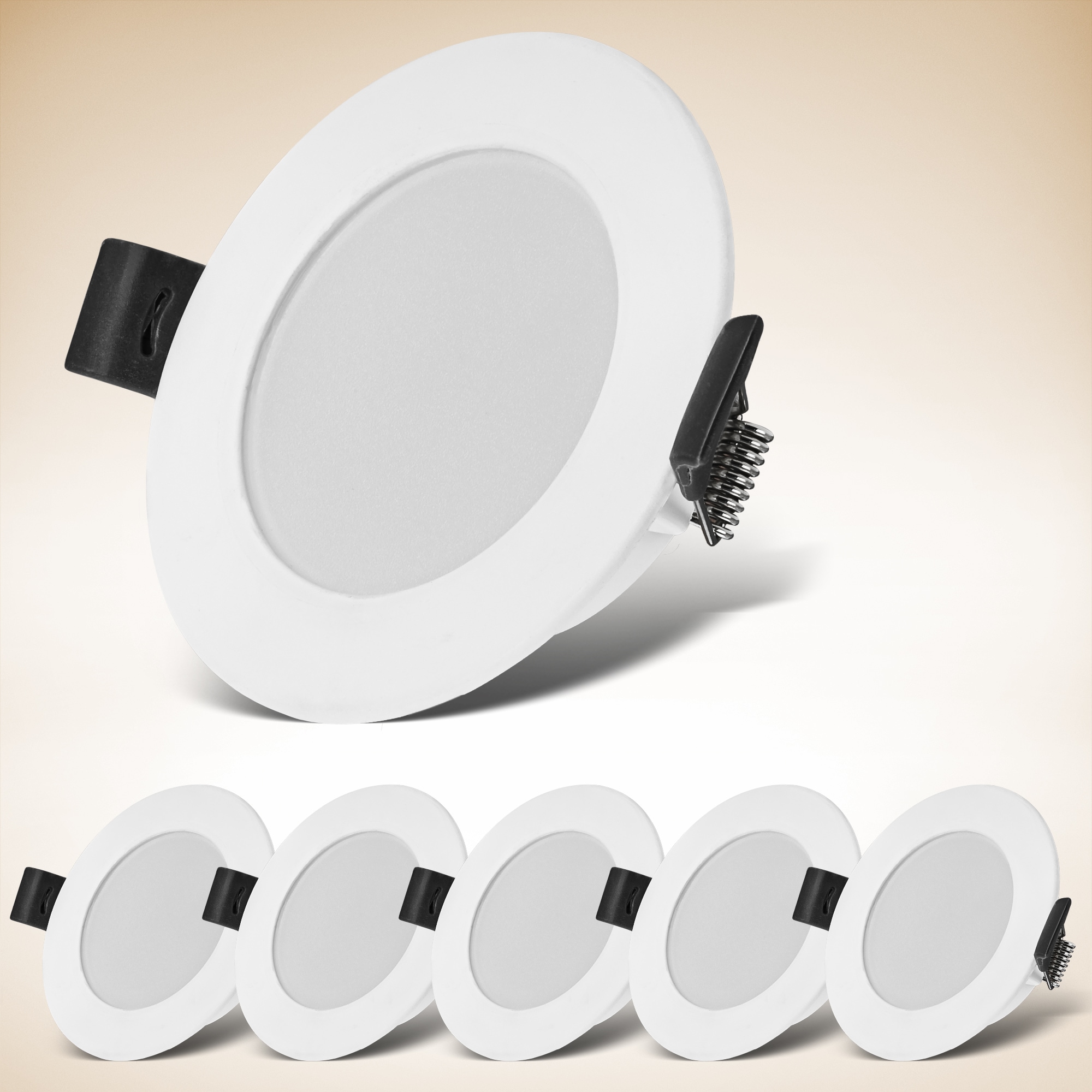 B.K.Licht LED Bad-Einbauleuchte, 6er-Set, Schutzart IP44, spritzwassergeschützt, Kunststoffrahmen weiß, Ø 8,5 cm