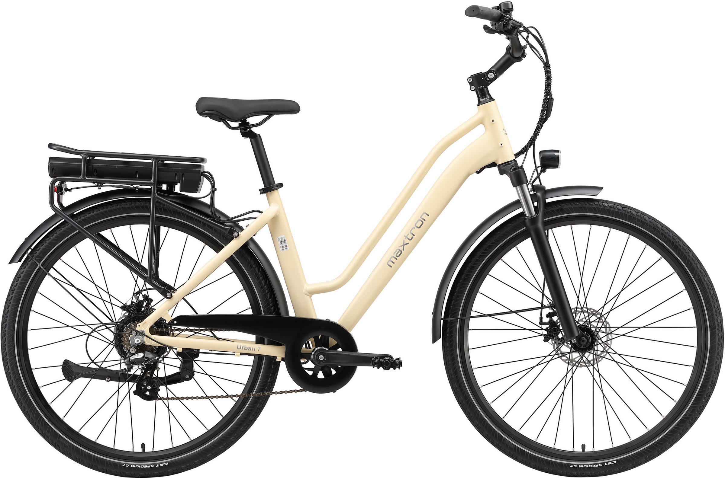 "E-Bike MAXTRON ""Maxtron Urban 7 E-Citybike 28 Zoll"" Gr. 45, beige, schwarz, Elektrofahrräder, 45cm, 28 Zoll (71,12cm), Tiefeinsteiger für Damen"