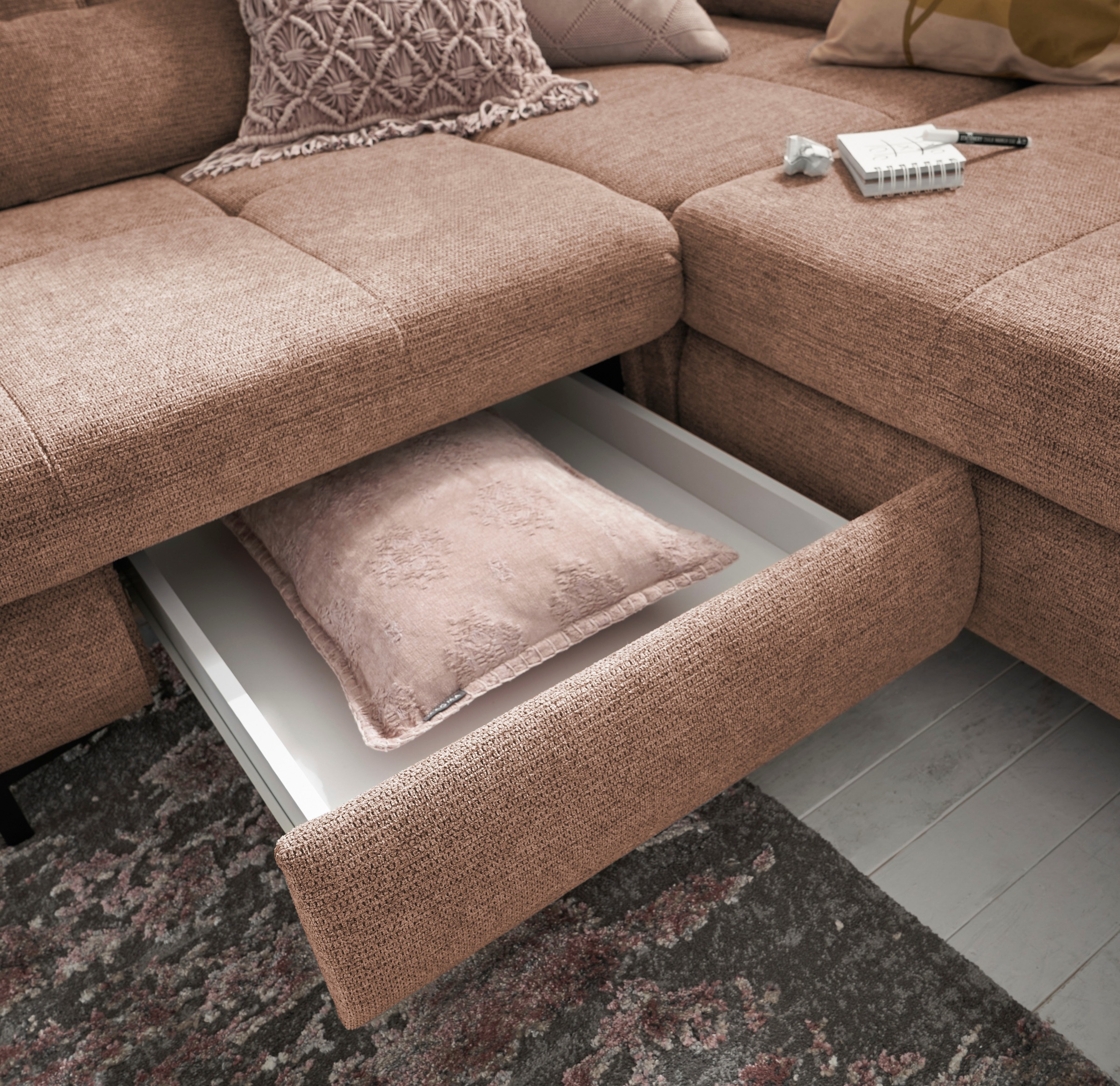 set one by Musterring Ecksofa »SO 3400 Sitzhöhe 47cm oder 49cm, Sitztiefe verstellbar, B/T 317/220 cm«, Kaltschaumpolsterung, Flachgewebe, whlw. mit Funktionen, Sitzhöhe 47