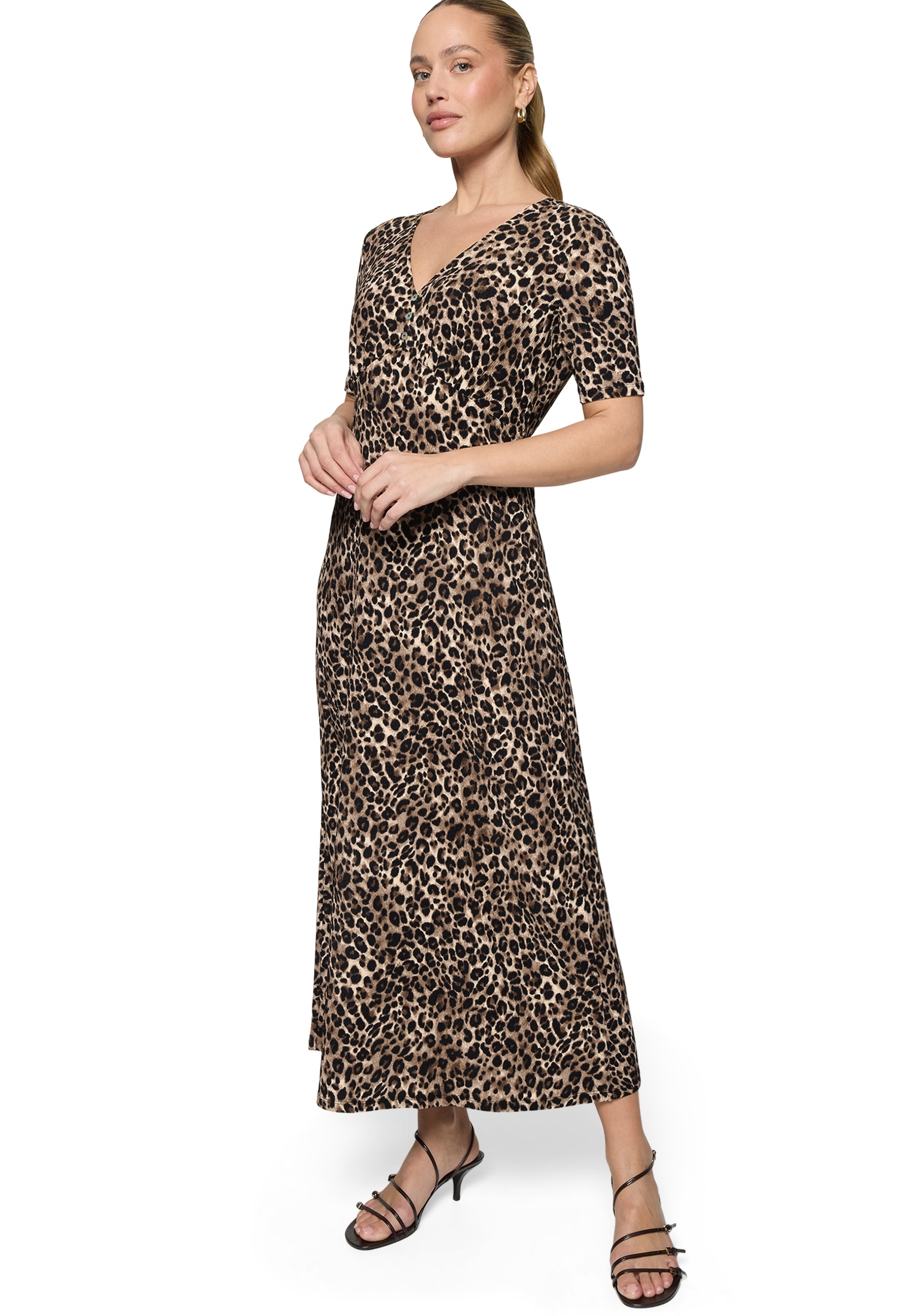 Zero Midikleid »Damen kurzarm mit Leoprint« Ohne Tasche Raffung