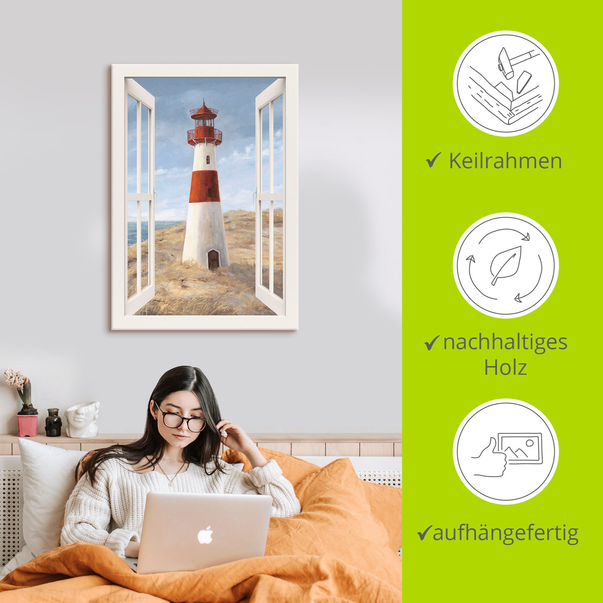 Artland Wandbild »Leuchtturm I Fensterblick«, Gebäude, (1 St.), als Alubild, Outdoorbild, Leinwandbild, Poster in verschied. Größen