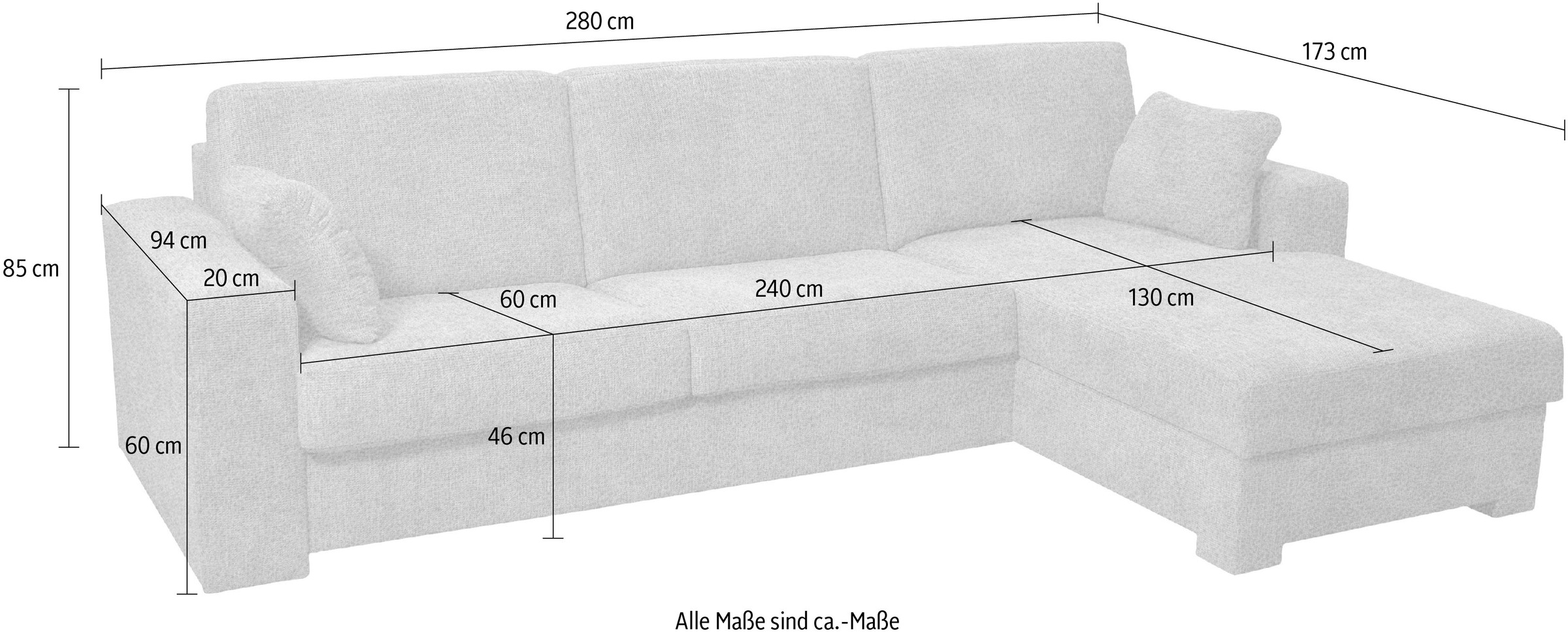 Home affaire Ecksofa »Roma "M" Matratzenhöhe 14 cm, Dauerschlaffunktion, mit Unterfederung,«, Liegemaße ca 143x198 cm, L-Form