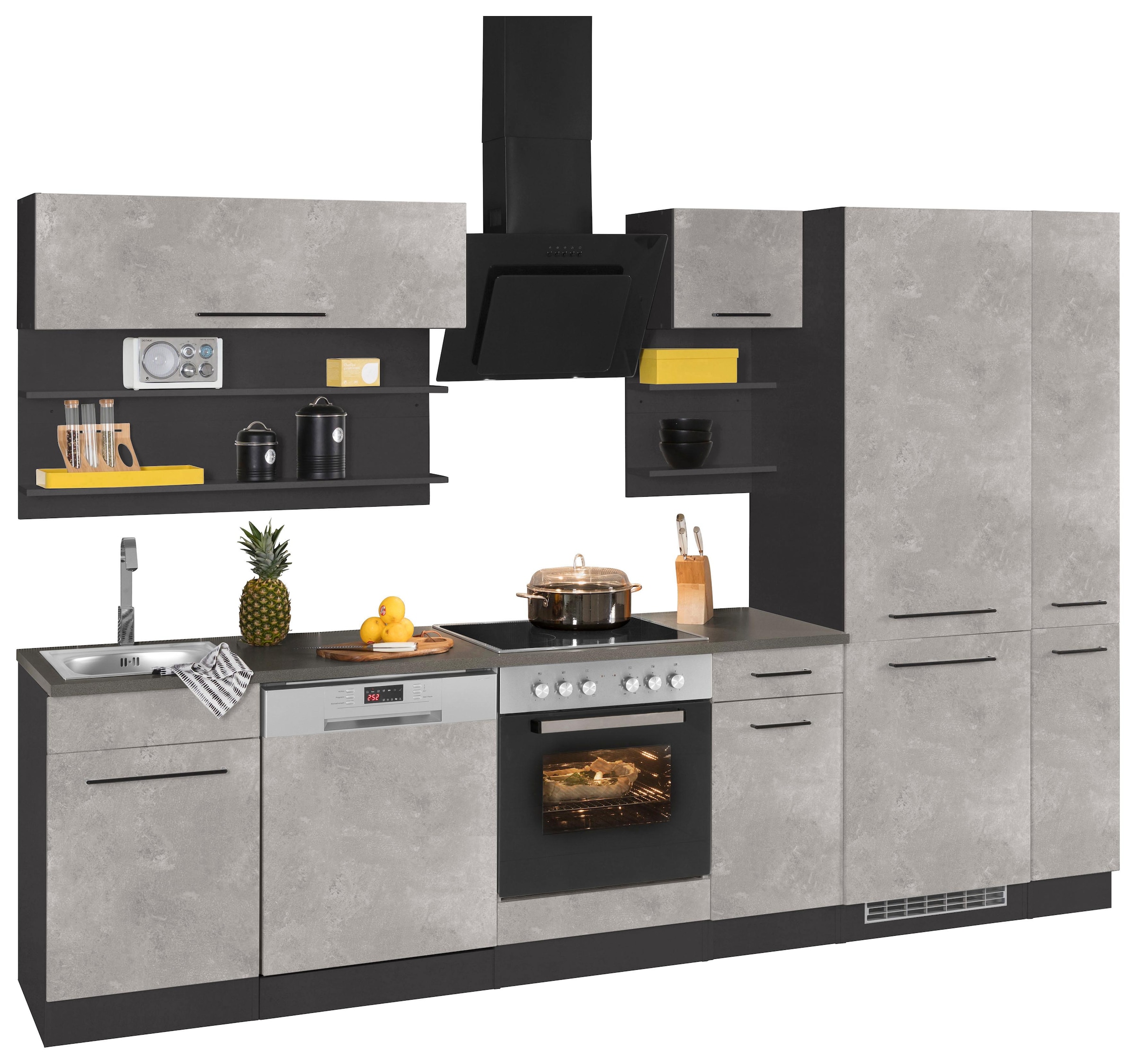 KOCHSTATION Küchenzeile »KS-Tulsa«, ohne E-Geräte, Breite 300 cm, schwarze Metallgriffe, MDF Fronten