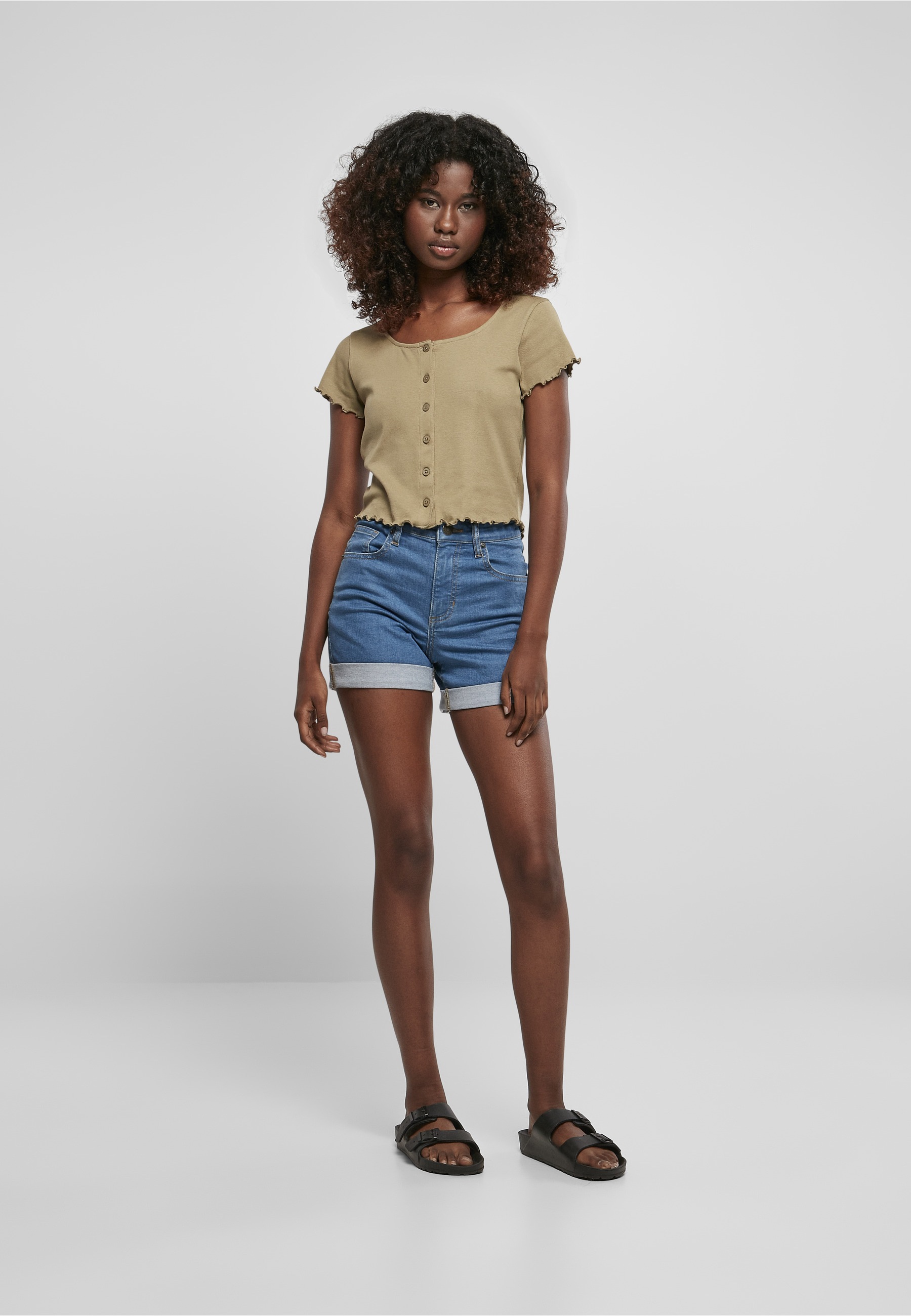 URBAN CLASSICS Kurzarmshirt »Urban Classics Damen Ladies Cropped Button Up Rib Tee« 1 Stk.