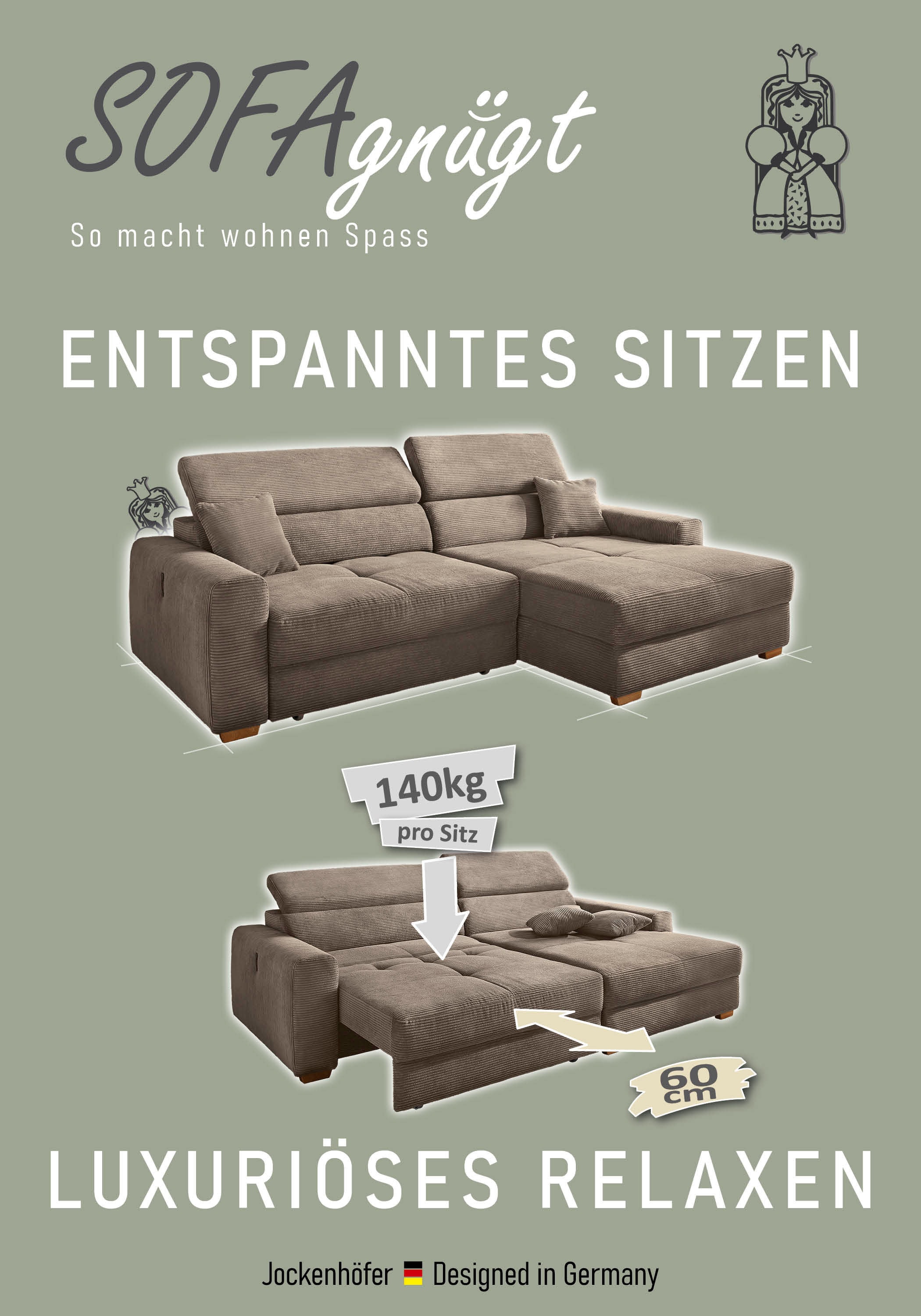 Jockenhöfer Gruppe Ecksofa »Slider, L-Form, 140kg Belastbarkeit je Sitzplatz«, elektromotorische Sitztiefenverstellung,USB-Ladeports,mit Kopfstützen