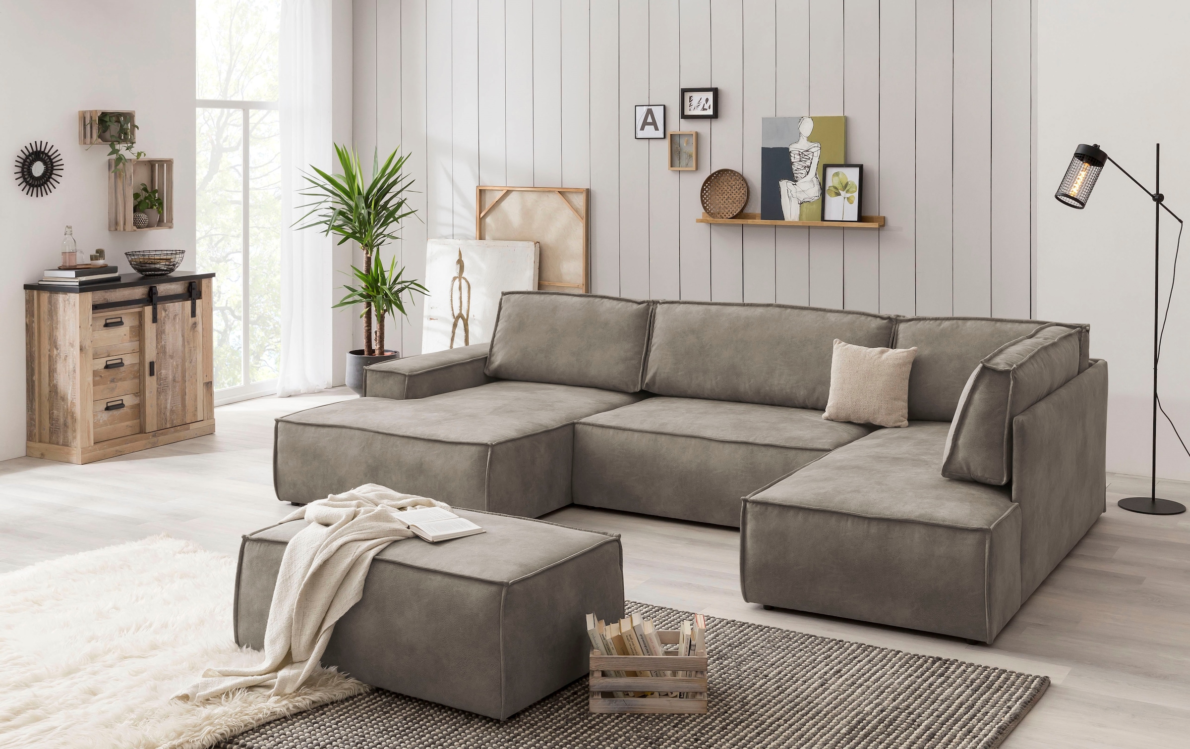 Home affaire Wohnlandschaft »SHERWOOD 329 cm, U-Form, Schlafsofa,«, Schlaffunktion m. Bettkasten (194x139 cm), Cord, Vintage, Samtvelours