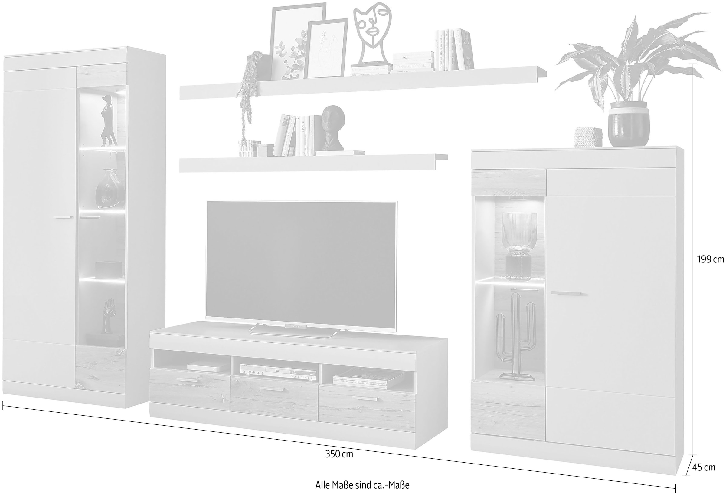INOSIGN Wohnwand »SCARA«, (5 St.), trendige Farbe mit Applikation Zinneiche Dekor, mit Softclose-Funktion