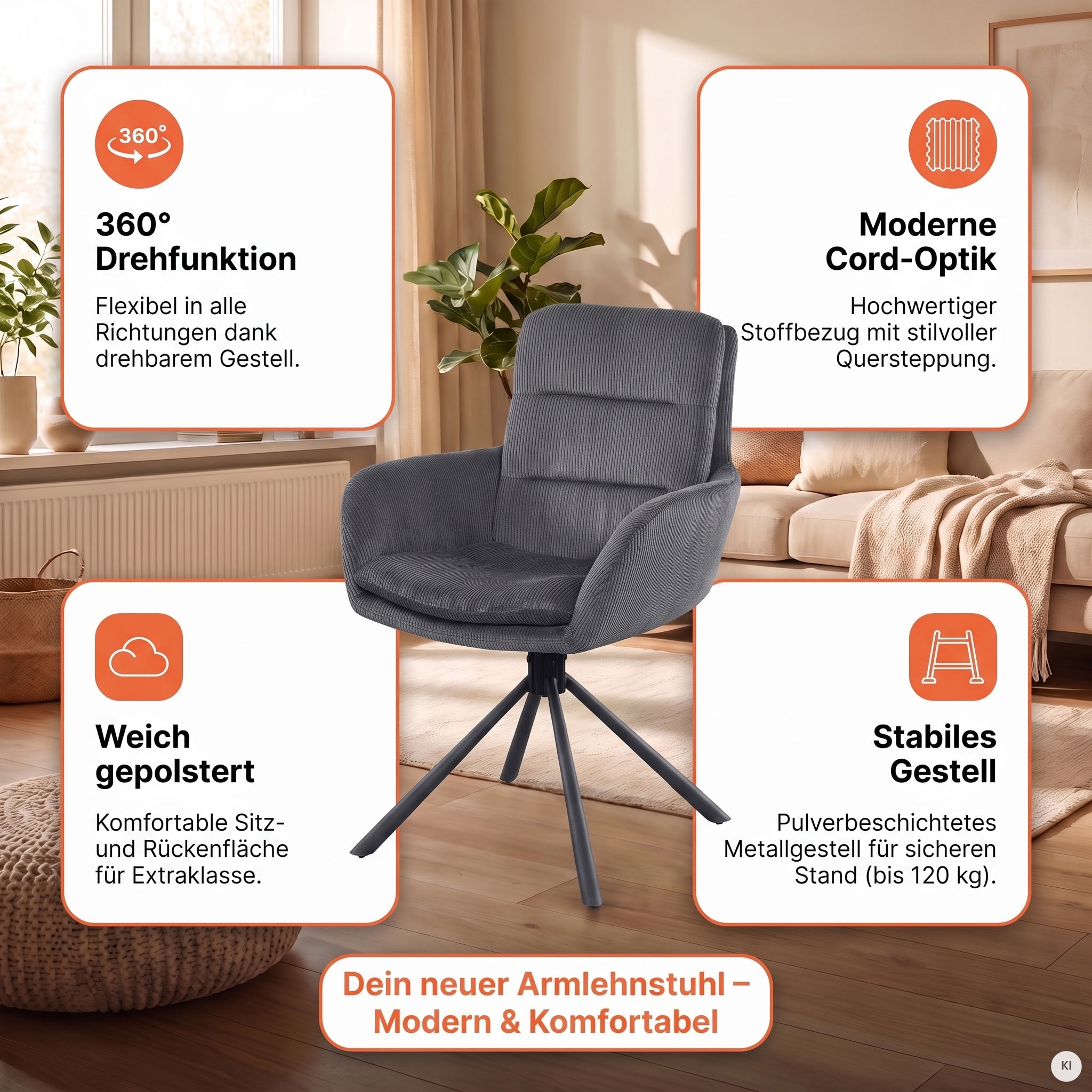SalesFever Esszimmerstuhl »Pizzo Eleganter Armlehnstuhl« () 1 Stk.Cord-Esszimmersessel mit 360° Drehkomfort